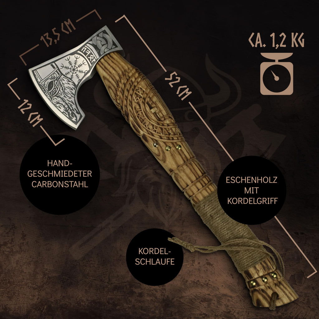 VIKING CRAFT® Wikinger Axt 50cm - Handgefertigte Deko Mit Gravur und Lederschutz - Ideale Mittelalter Deko, Geschenke für Männer und Frauen, Vikings Fanartikel, LARP Beil