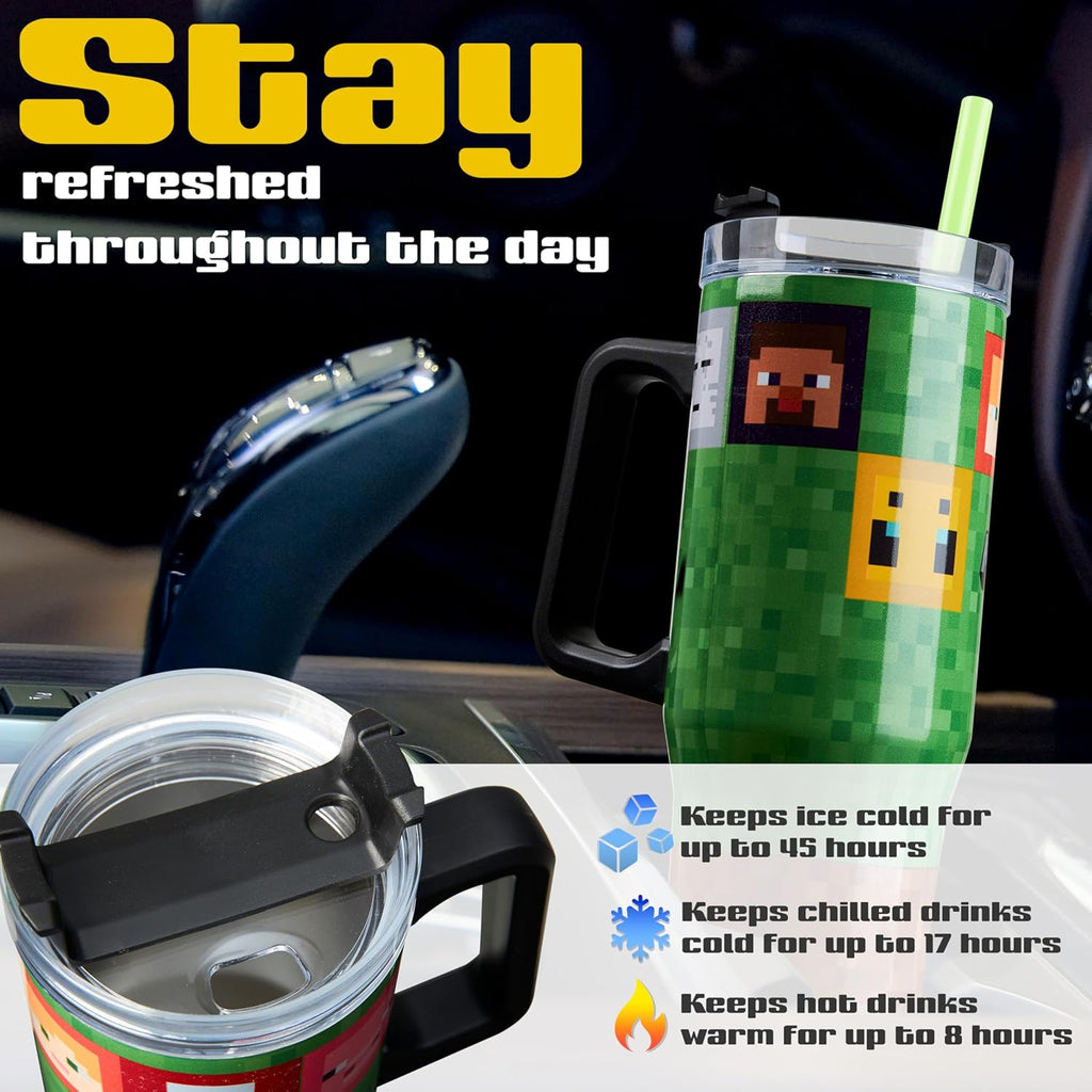 Minecraft Trinkbecher mit Deckel und Strohhalm 940ml, Thermobecher mit Henkel Doppelwandig Isoliert, Hält 17h Kalt, 8h Heiß & 45h Eisgekühlt