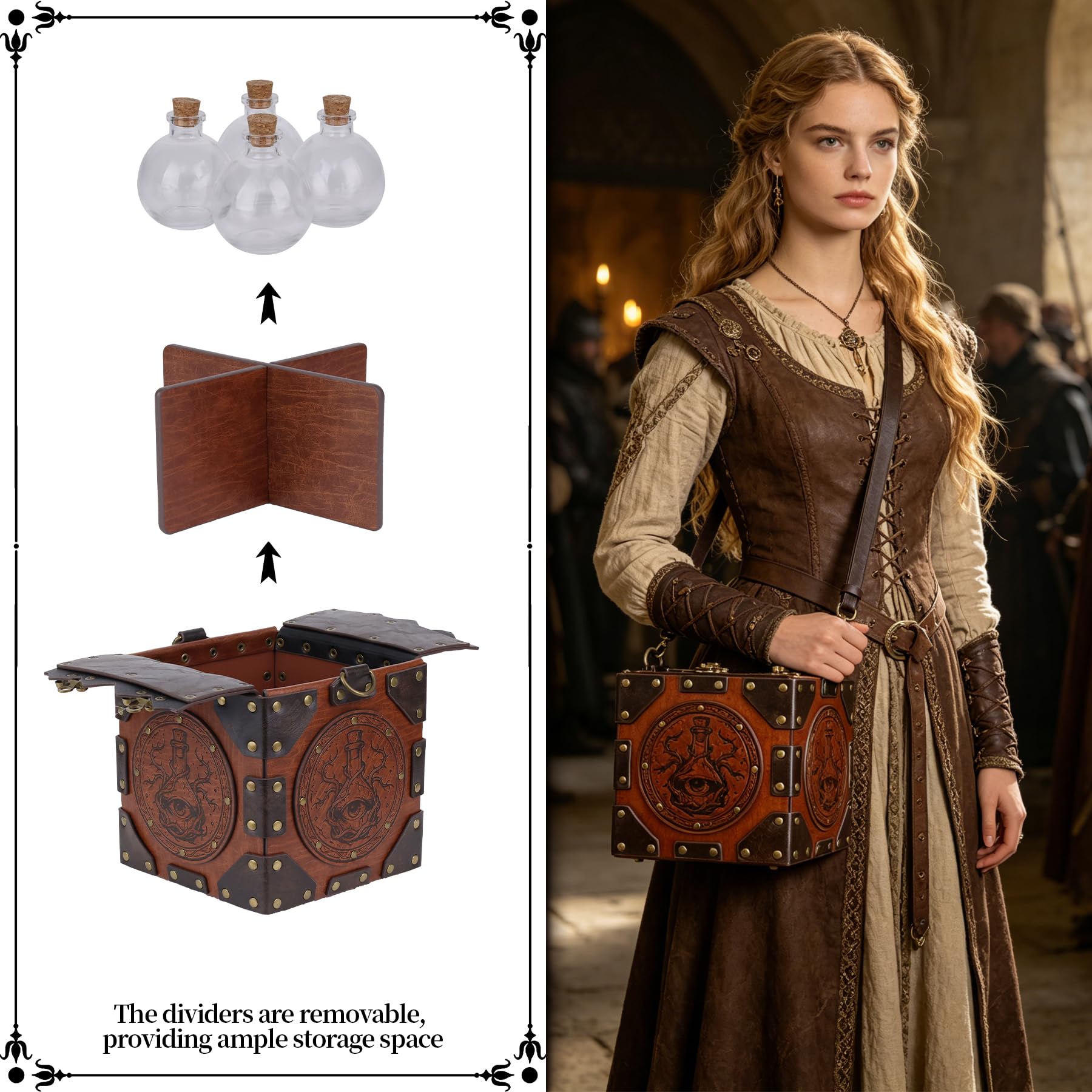 HiiFeuer Mittelalterliche Alchemisten-Umhängetasche, geprägte Leder-Zaubertrankbox mit Nieten und Flaschen, Aufbewahrungsbox für Zauberer für Mittelalterfeste（Schwarz A）