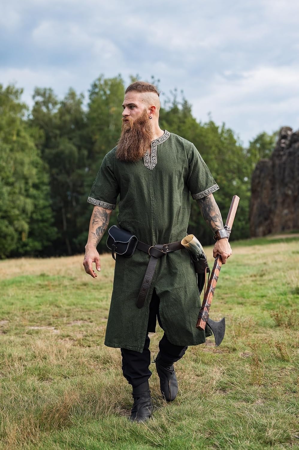 Leonardo Carbone® Kurzarm Tunika Richard - Mittelalter Kleidung Herren, Mittelalter Hemd, Freizeithemden Kurzarm, Karneval Kostüm Herren, Wikinger Tunika, LARP Kleidung - 100% Baumwolle Grün XL