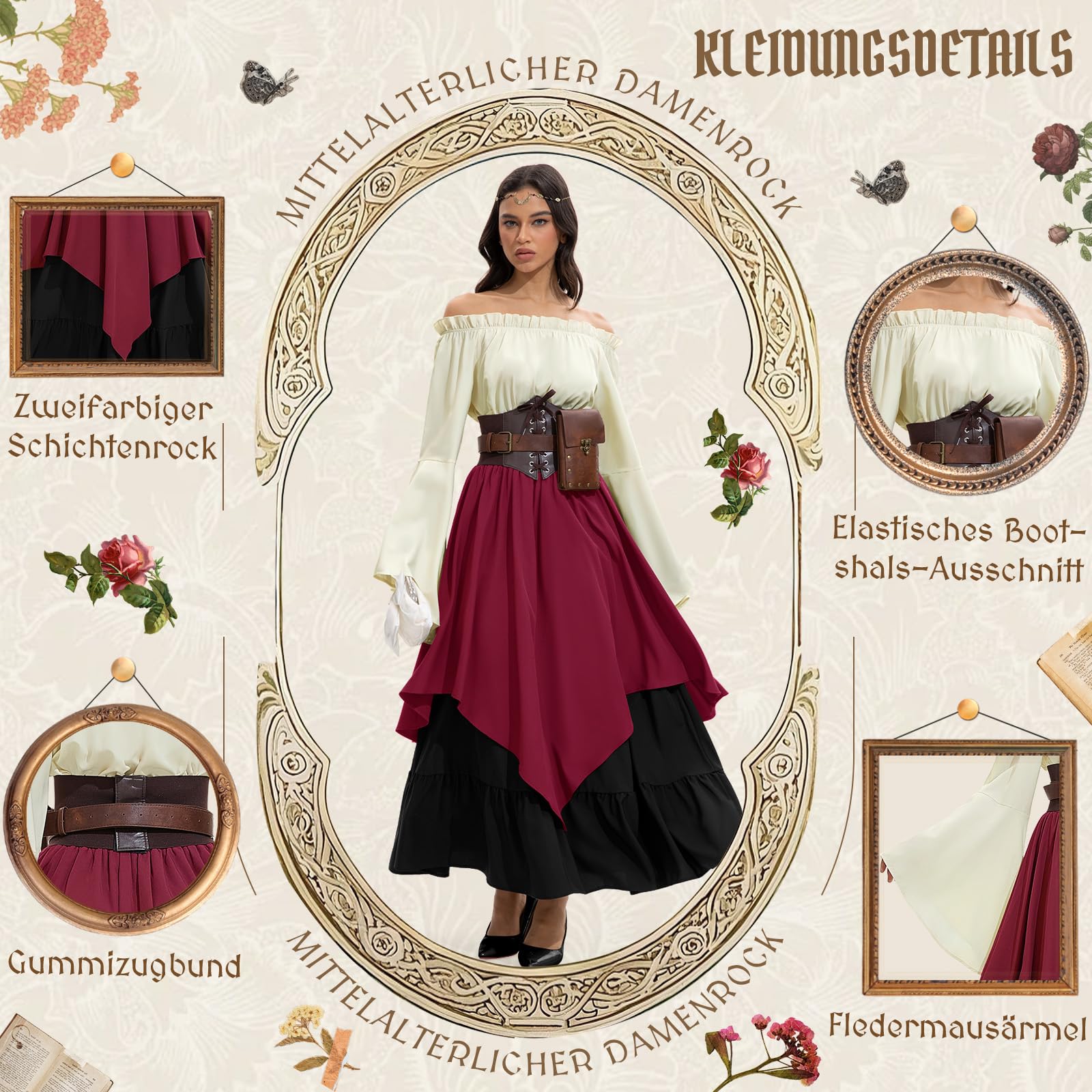 Mittelalter Kleidung Damen, Renaissance Kleid Damen und Off Shoulder Bluse mit Corsett, Gürteltasche, Kopfschmuck, Gürtel, Viktorianisches Kostüm für Halloween Karneval