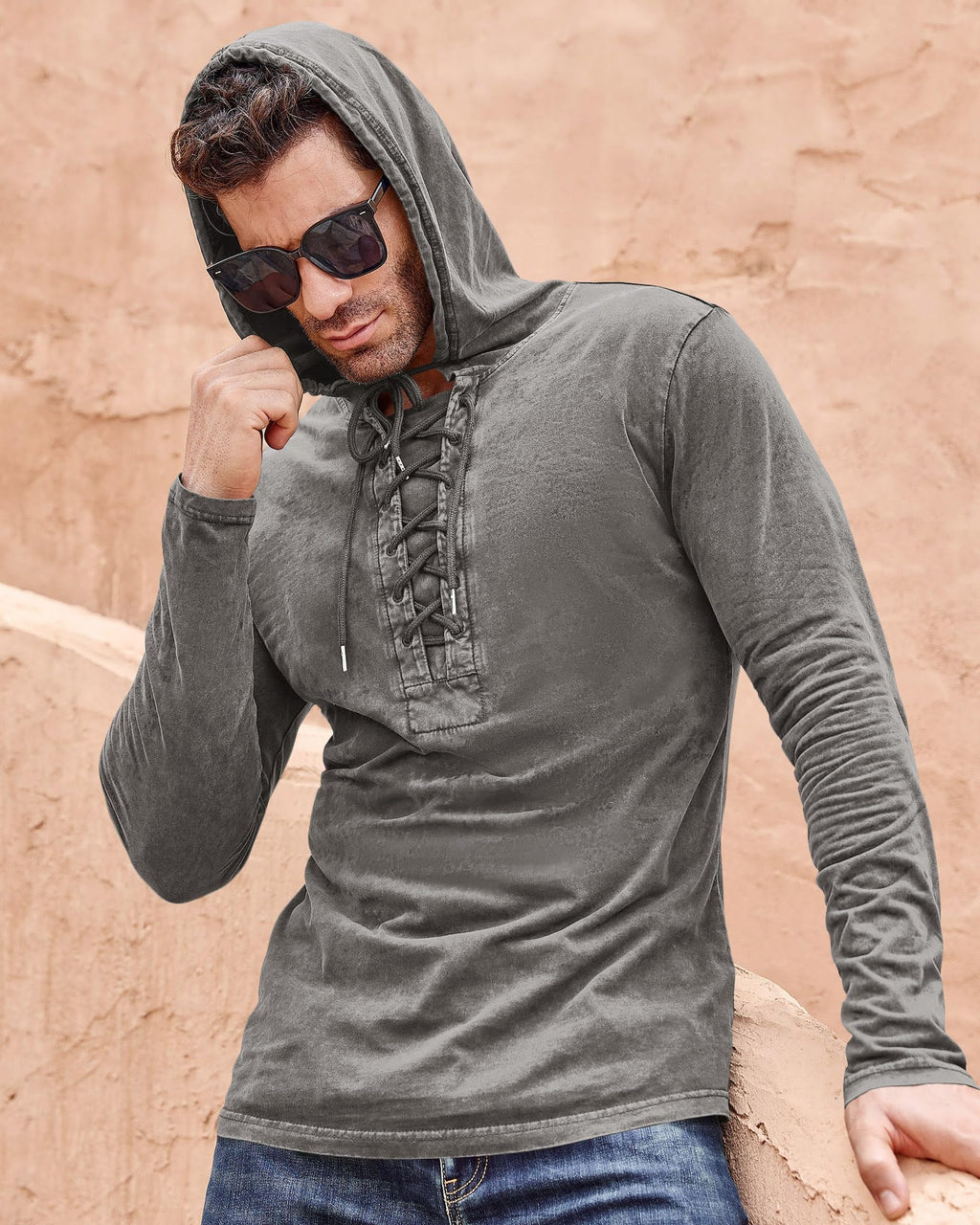 Beotyshow Herren Vintage Hoodie Langarm Shirt Männer Lace Up Hooded Langarmhemd Distressed Casual Outdoor Taktisch Pullover Hemd mit Kapuze