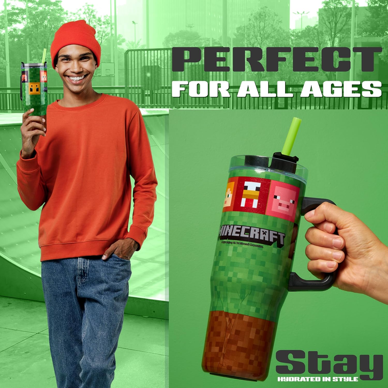 Minecraft Trinkbecher mit Deckel und Strohhalm 940ml, Thermobecher mit Henkel Doppelwandig Isoliert, Hält 17h Kalt, 8h Heiß & 45h Eisgekühlt