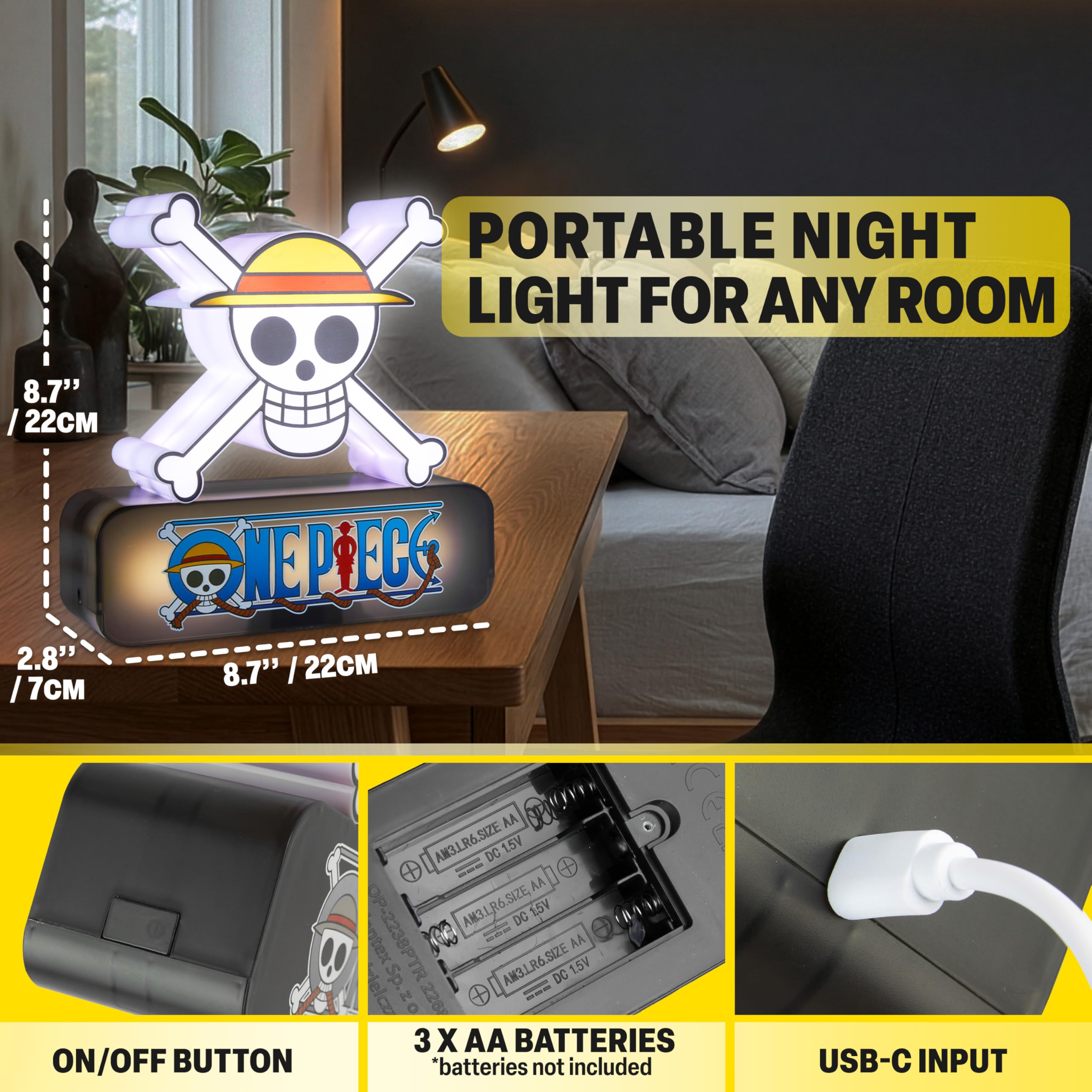 One Piece Skull 3D LED Nachtlicht, Straw Hat Tischlampe mit 3 Helligkeitsstufen, USB oder Batterie, Tragbar Weißes Licht LED lampe, Anime Geschenke für Zimmer Deko (Mehrfarbig 3D Skull)