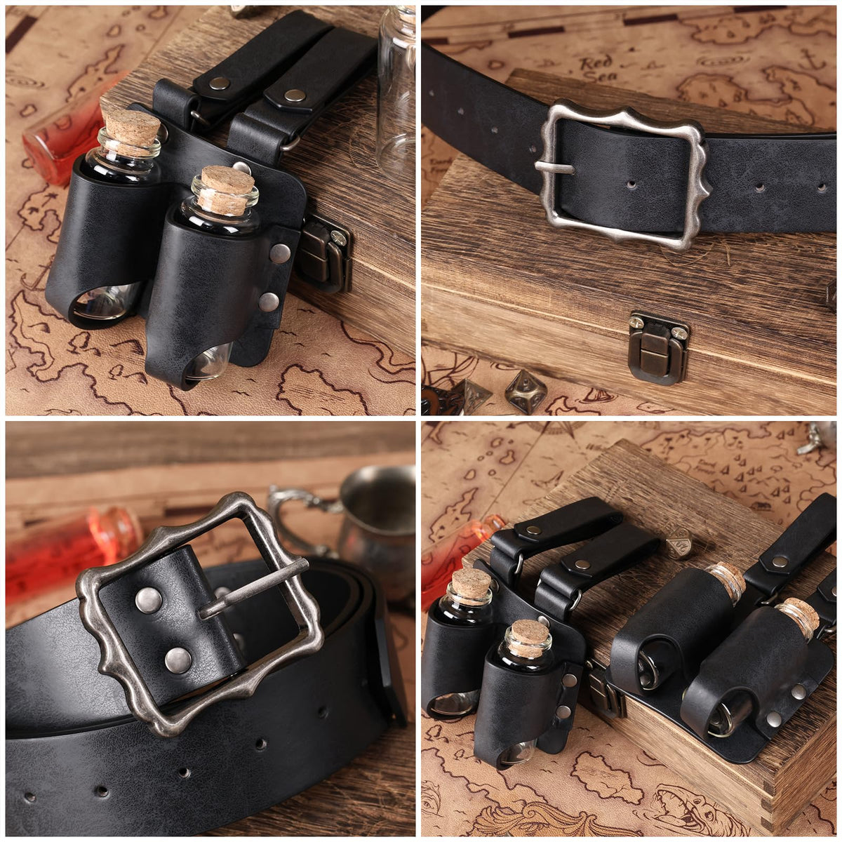 HiiFeuer 3-teiliges Set Mittelalterliche Alchemie Gürtel-Elixierflaschen,Fantasie Verstellbare Glasfläschchen, Hexen & Zauberer Kostüm für Ren Faire