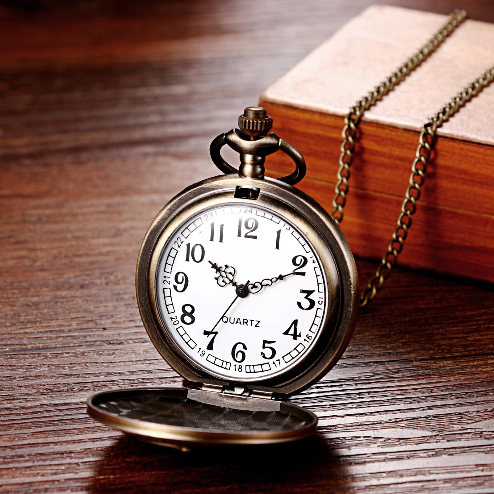 JewelryWe Taschenuhr Herren Damen Vintage: Retro Analog Quarz Kettenuhr Uhr Umhängeuhr mit Halskette Kette Pocket Watch Bronze Unisex Geschenk