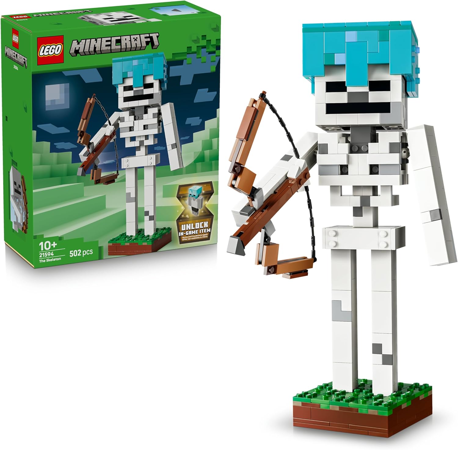 LEGO Minecraft Das Skelett - Mob Figur mit Diamanthelm, Bogen und Pfeil sowie Grasbasis als Zimmerdeko für Kinder - Gaming Geschenk für Jungen, Mädchen und Fans ab 10 Jahren - 21594