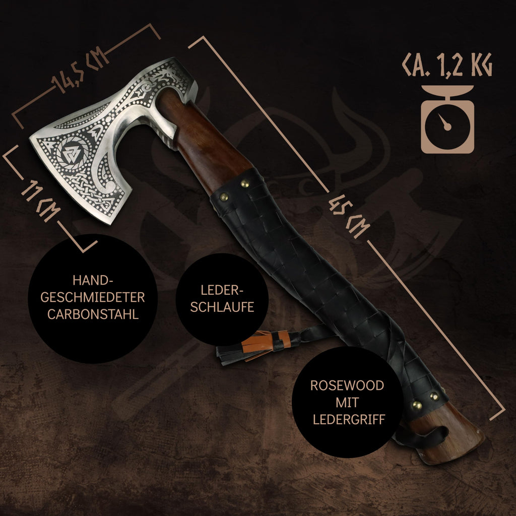 VIKING CRAFT® Wikinger Axt 50cm - Handgefertigte Deko Mit Gravur und Lederschutz - Ideale Mittelalter Deko, Geschenke für Männer und Frauen, Vikings Fanartikel, LARP Beil