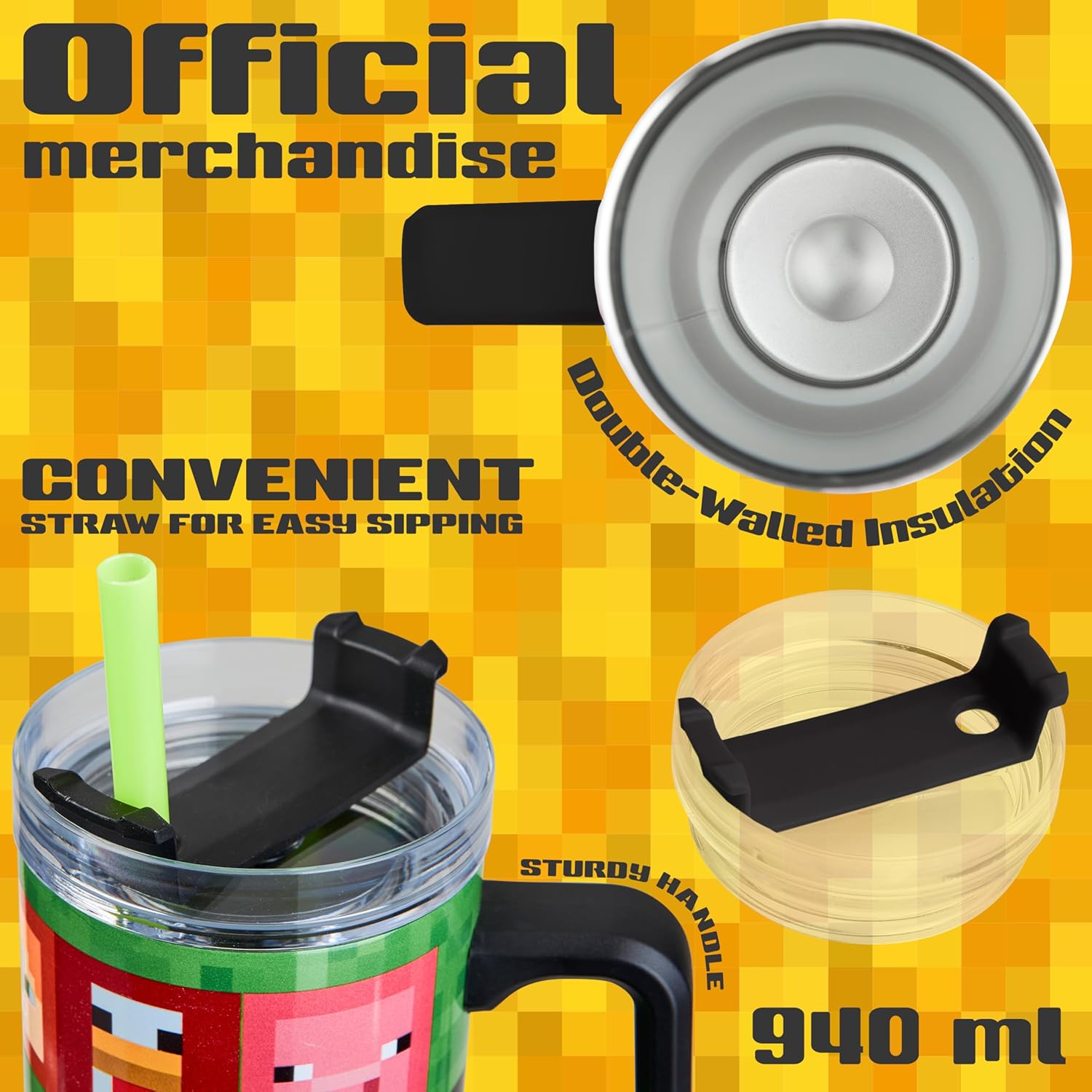 Minecraft Trinkbecher mit Deckel und Strohhalm 940ml, Thermobecher mit Henkel Doppelwandig Isoliert, Hält 17h Kalt, 8h Heiß & 45h Eisgekühlt