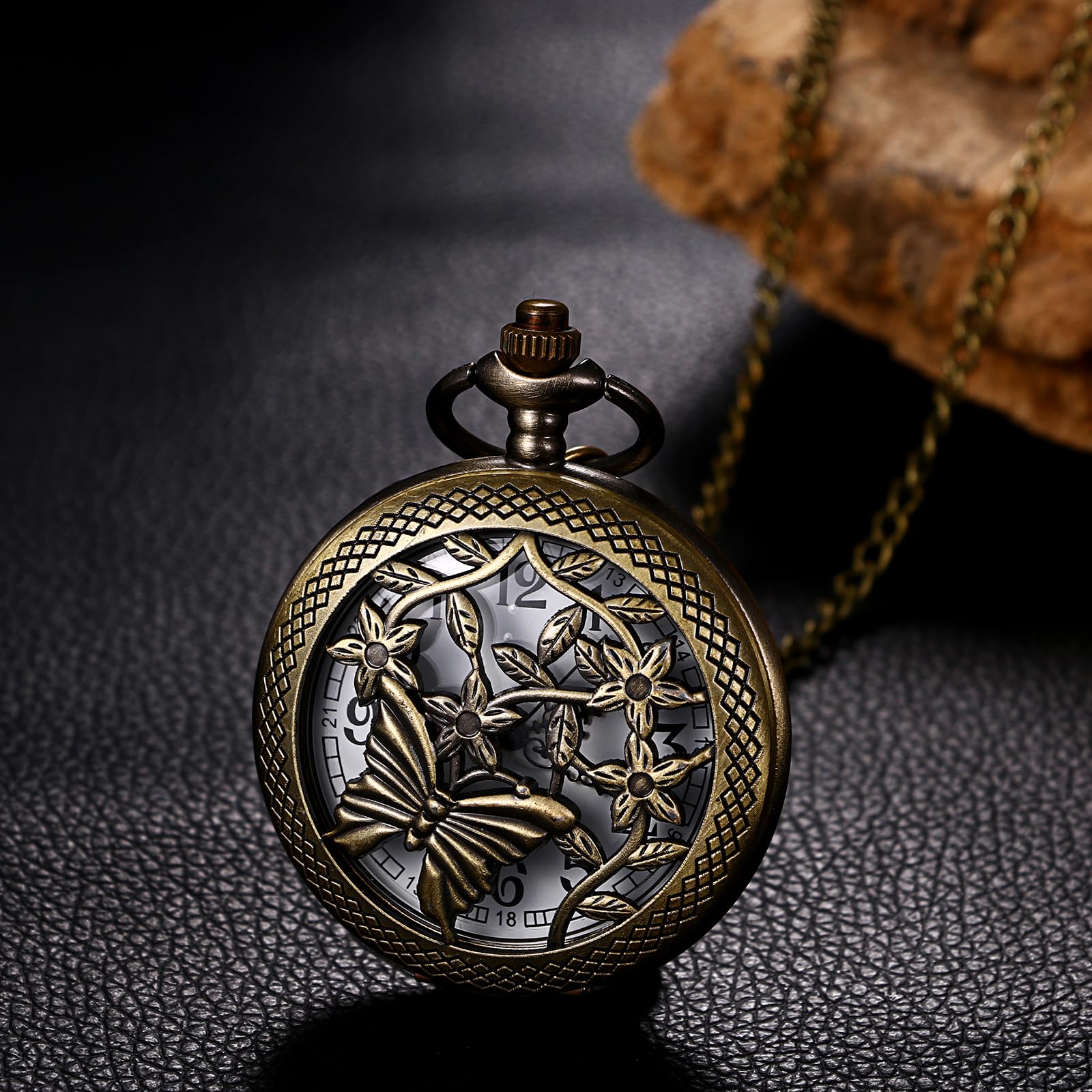 JewelryWe Taschenuhr Herren Damen Vintage: Retro Analog Quarz Kettenuhr Uhr Umhängeuhr mit Halskette Kette Pocket Watch Bronze Unisex Geschenk