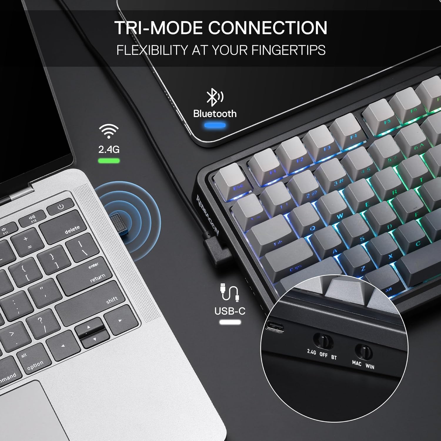 Redragon K686 PRO SE Anime Gasket Gaming Tastatur RGB 3 Modus 98 Tasten | Hot Swap Sockel Drehknopfsteuerung Geräuschdämpfende Pads Custom Hi Fi Linear