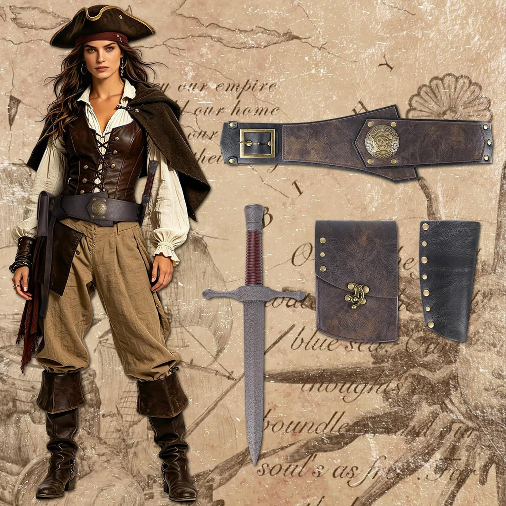 HiiFeuer 4Pcs Piratenkostüm für Herren mit Renaissance-Gürtel, mittelalterlicher Tasche, Attrappen-Dolch und Schwertscheide für Mittelalterfest und LARP