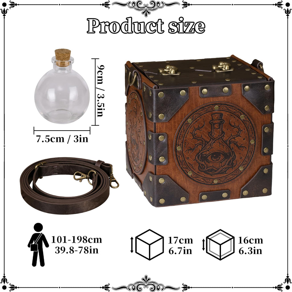 HiiFeuer Mittelalterliche Alchemisten-Umhängetasche, geprägte Leder-Zaubertrankbox mit Nieten und Flaschen, Aufbewahrungsbox für Zauberer für Mittelalterfeste（Schwarz A）
