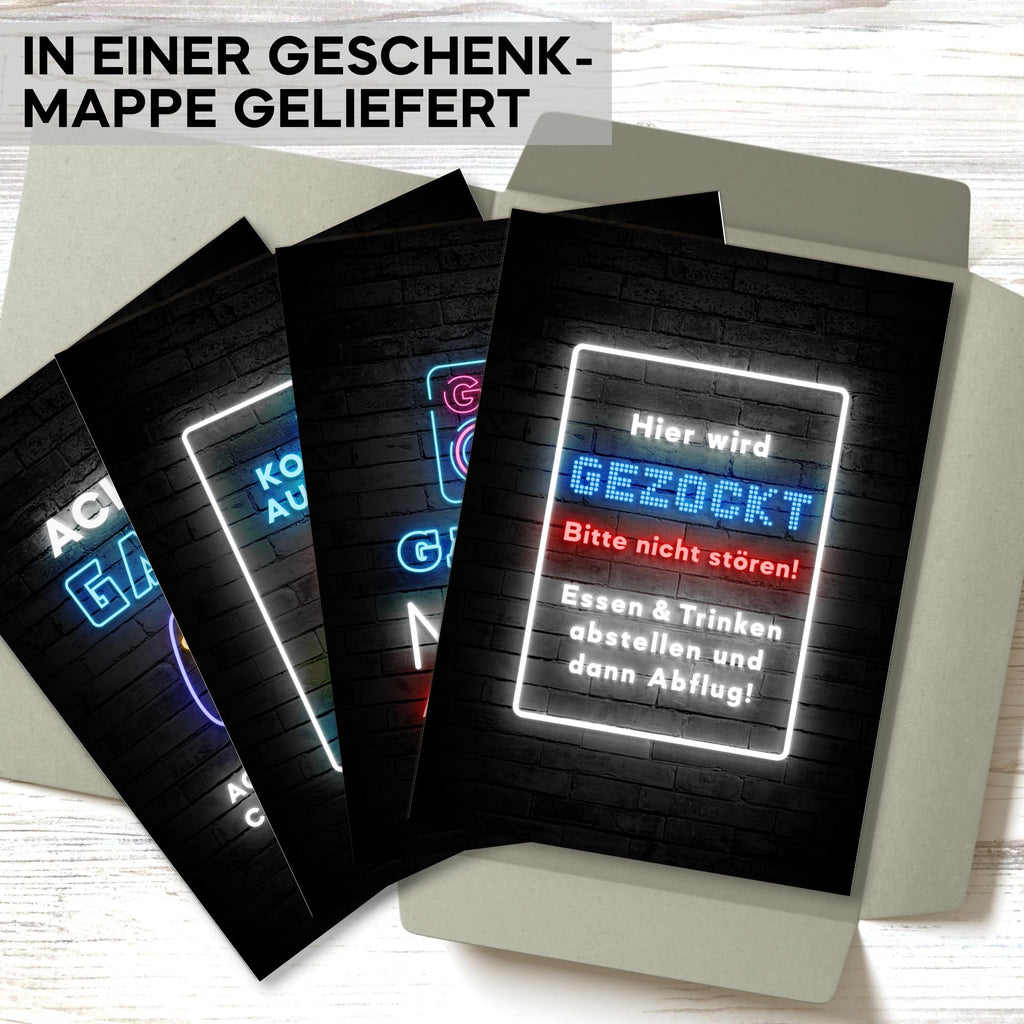 mojoliving Gaming Zimmer Deko Bilder | Poster Wand für Gamer Jugendzimmer | Set mit Neon Sign Motive | Coole Geschenke für Gamer | Zocker Bilder Wand | Neon Wandbild