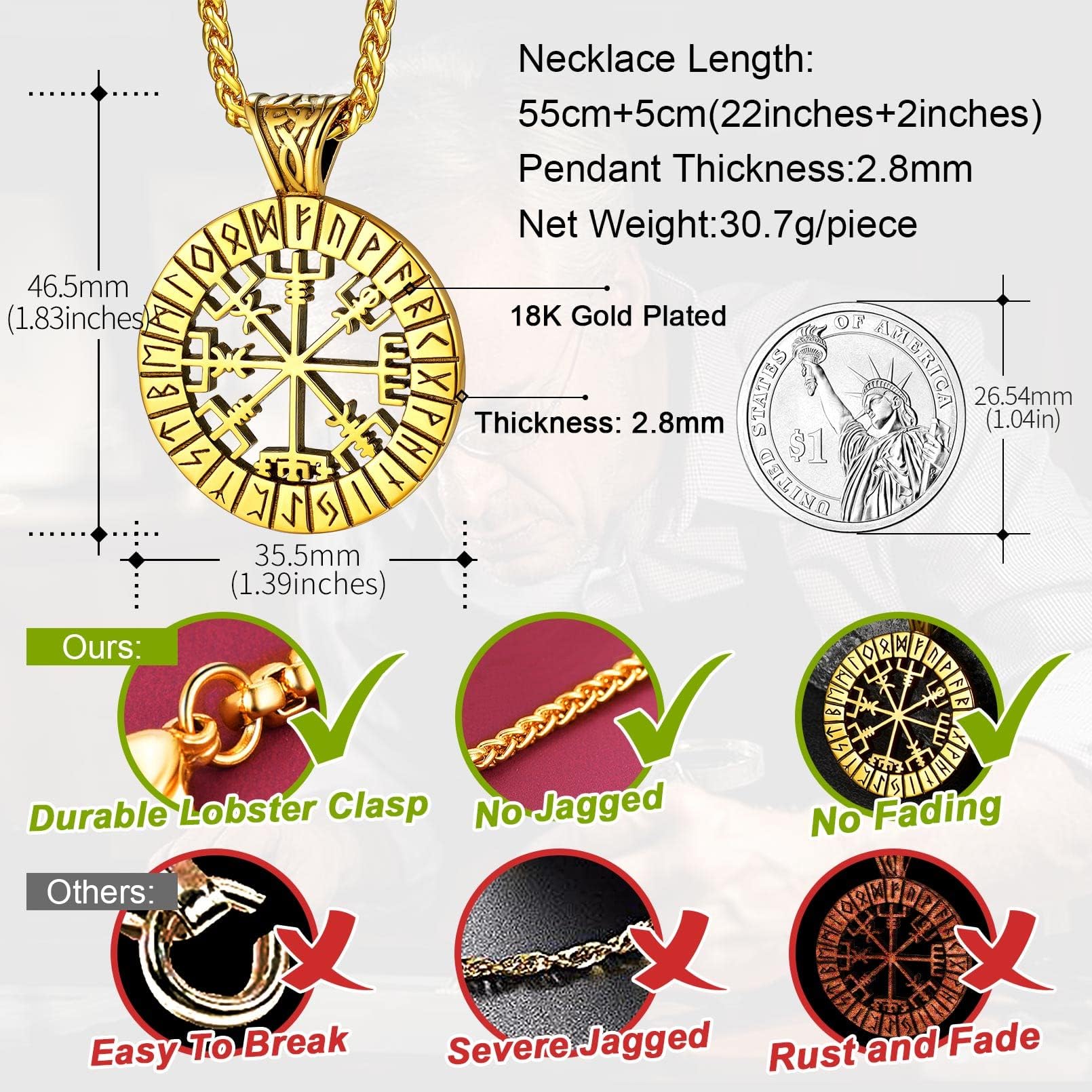 FaithHeart Wikingerhalskette für Herren, Vegvisir-Kompass, Edelstahl, Kette 55 + 5 cm, nordischer Mythologie-Schmuck