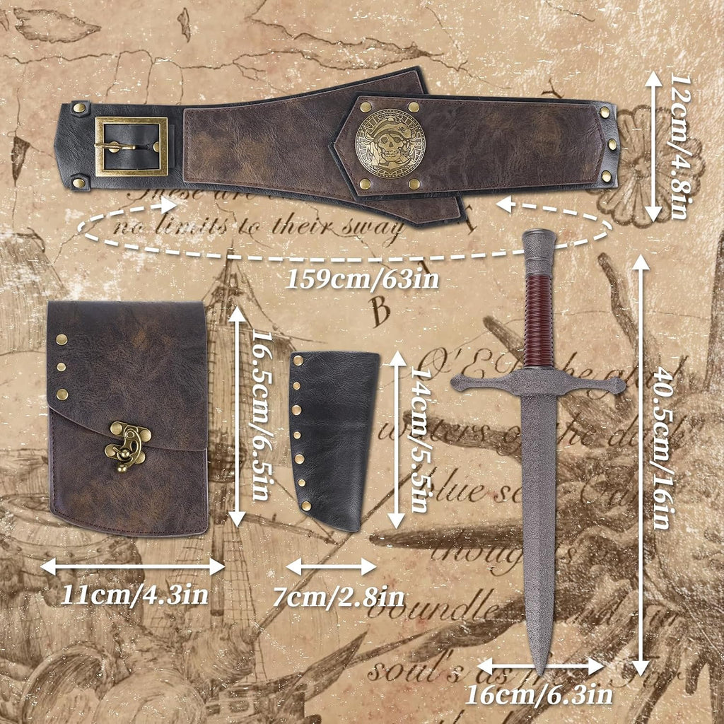 HiiFeuer 4Pcs Piratenkostüm für Herren mit Renaissance-Gürtel, mittelalterlicher Tasche, Attrappen-Dolch und Schwertscheide für Mittelalterfest und LARP