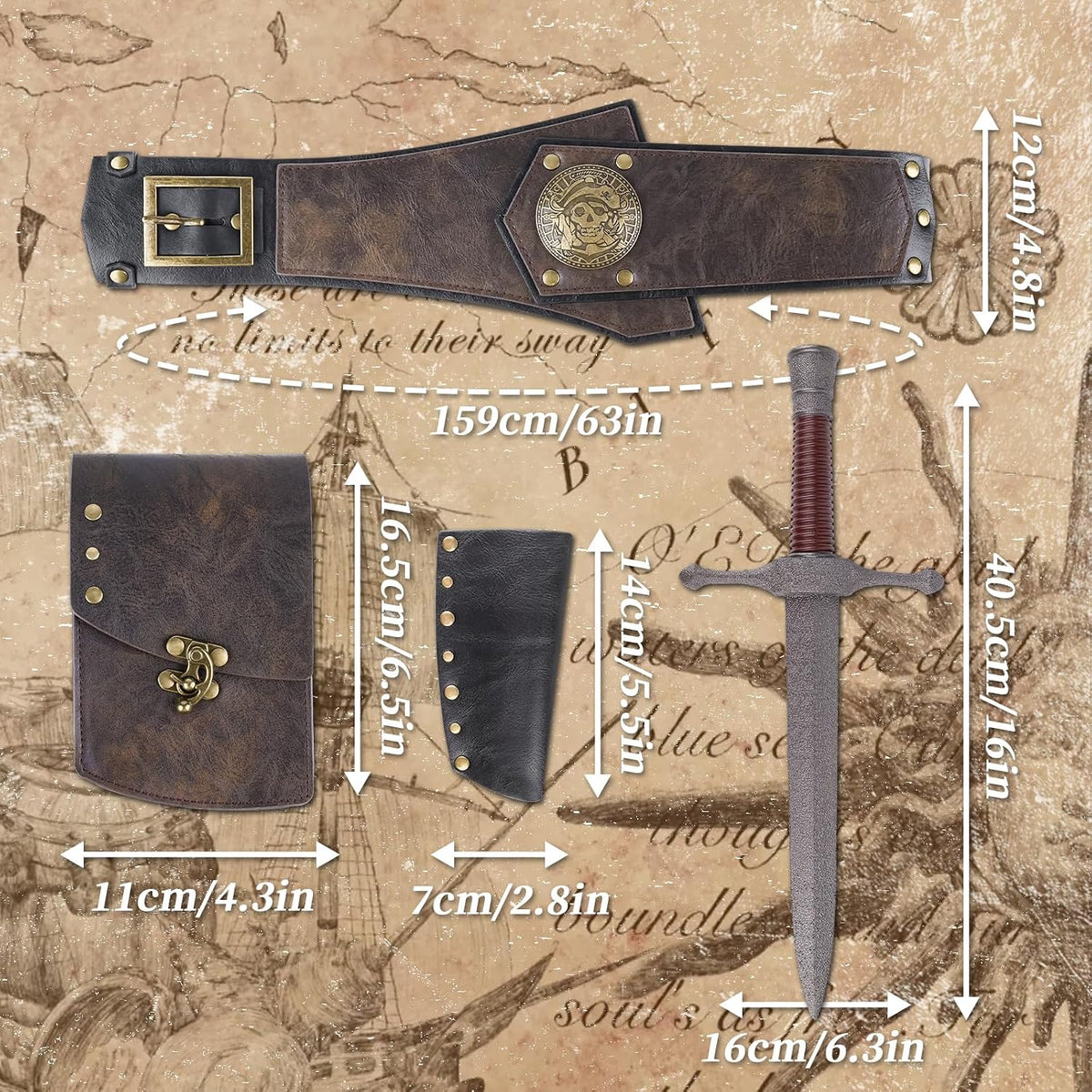 HiiFeuer 4Pcs Piratenkostüm für Herren mit Renaissance-Gürtel, mittelalterlicher Tasche, Attrappen-Dolch und Schwertscheide für Mittelalterfest und LARP