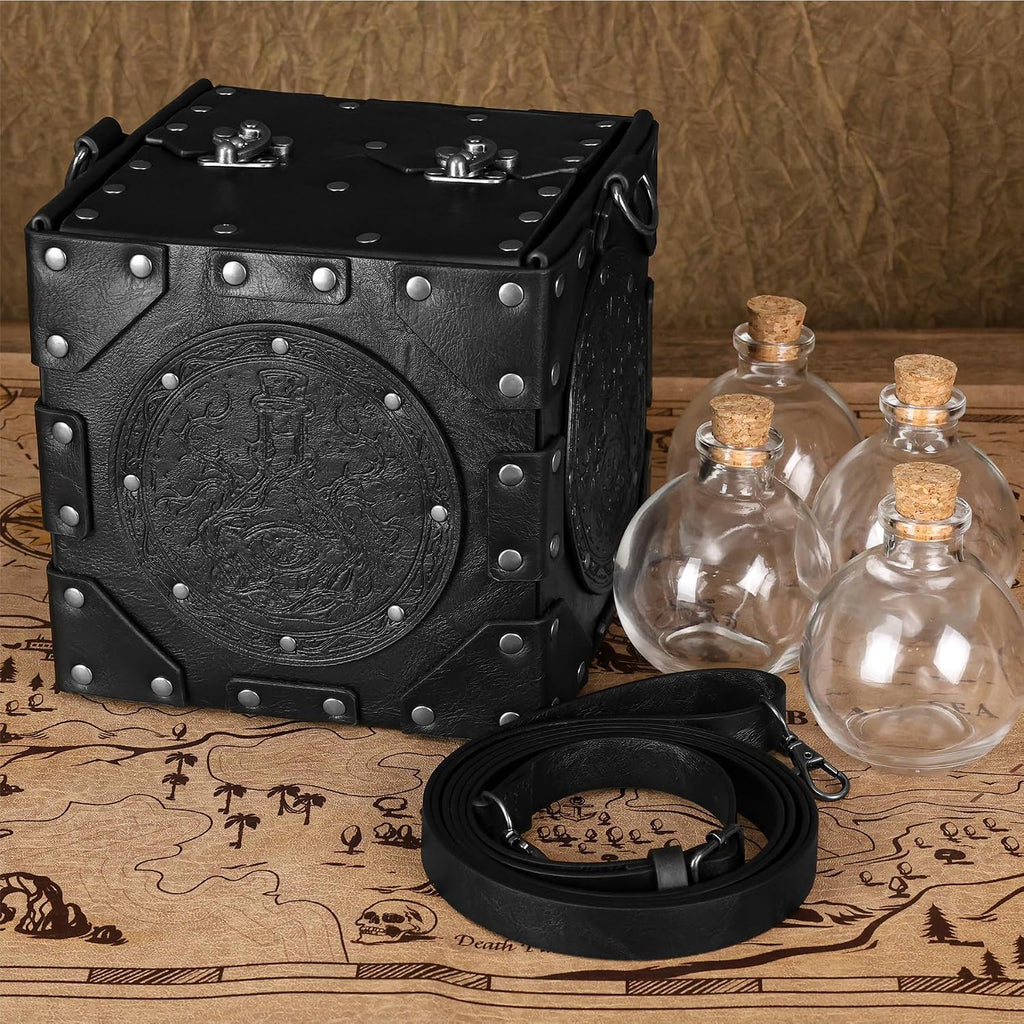 HiiFeuer Mittelalterliche Alchemisten-Umhängetasche, geprägte Leder-Zaubertrankbox mit Nieten und Flaschen, Aufbewahrungsbox für Zauberer für Mittelalterfeste（Schwarz A）