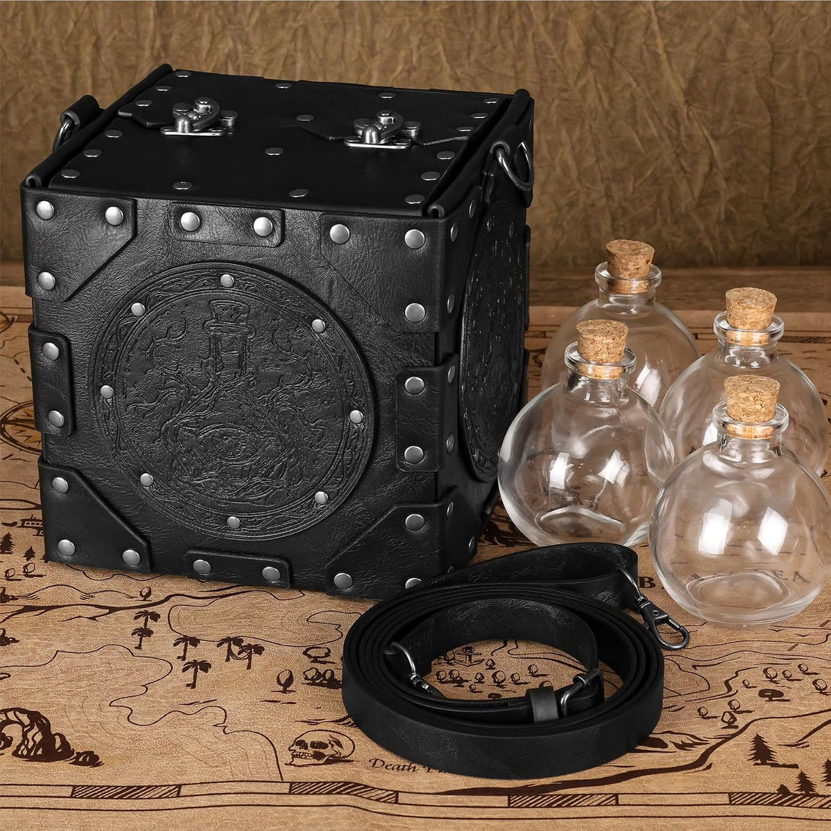 HiiFeuer Mittelalterliche Alchemisten-Umhängetasche, geprägte Leder-Zaubertrankbox mit Nieten und Flaschen, Aufbewahrungsbox für Zauberer für Mittelalterfeste（Schwarz A）