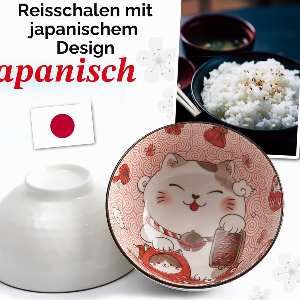 Lachineuse - 2er Set Maneki Neko-Schalen – Müslischalen, Reisschüsseln, Suppenschalen – Japanisches Geschirr aus Porzellan – Geschenckset mit Essstäbchen – Katze Glücksbringer – Japan China Kawai Deko