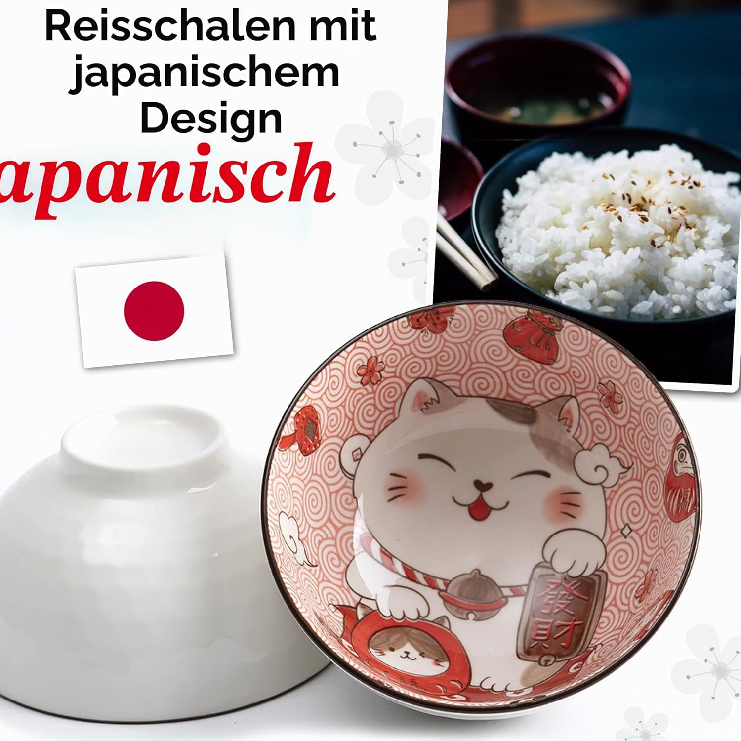 Lachineuse - 2er Set Maneki Neko-Schalen – Müslischalen, Reisschüsseln, Suppenschalen – Japanisches Geschirr aus Porzellan – Geschenckset mit Essstäbchen – Katze Glücksbringer – Japan China Kawai Deko