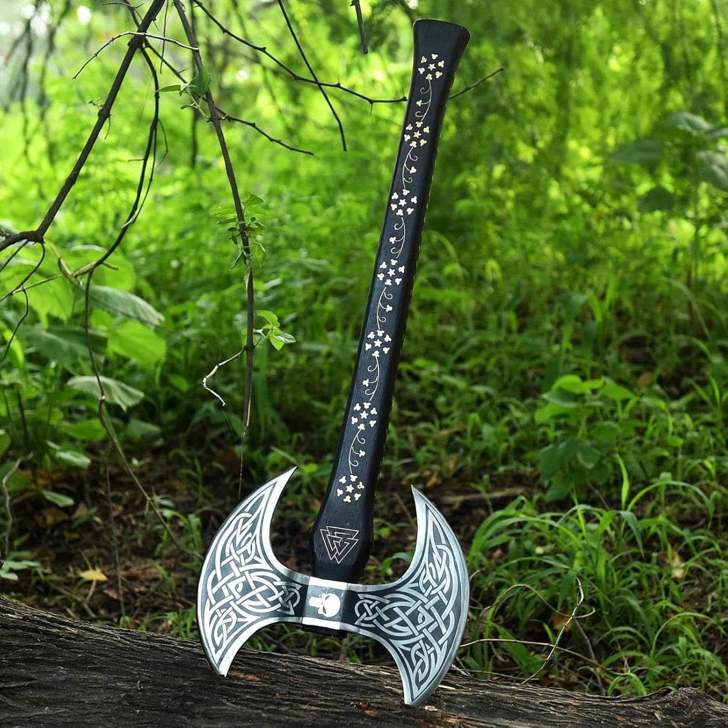 Handgeschmiedet Wikinger Doppelaxt mit Lederscheide. Large Norse Axe, Geschenkidee für Männer – Handgeschmiedete Doppelkopf-Wikinger-Axt aus Kohlenstoffstahl für Outdoor, Camping, Jagd, Deko