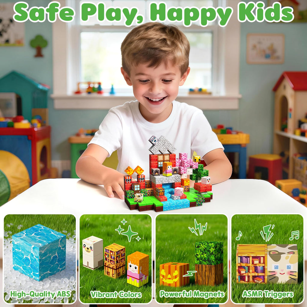 Magnetische Bausteine Bauspielzeug 100 Pcs Magnetbausteine für Kinder Montessori Kreative Spielzeug ab 3 4 5 6 7 8 9 10 Jahre Junge und Mädchen Magnetic Blocks Geschenke für Kinder （Wald）
