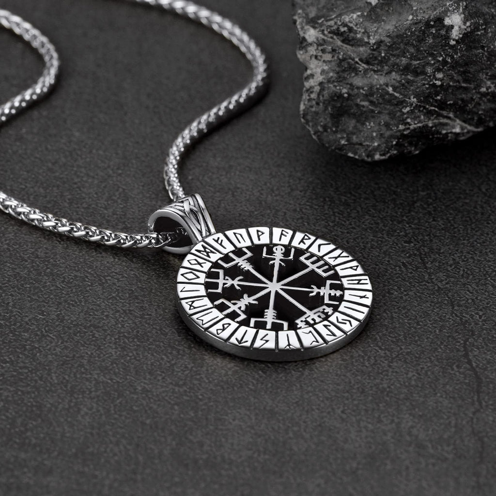 FaithHeart Wikingerhalskette für Herren, Vegvisir-Kompass, Edelstahl, Kette 55 + 5 cm, nordischer Mythologie-Schmuck