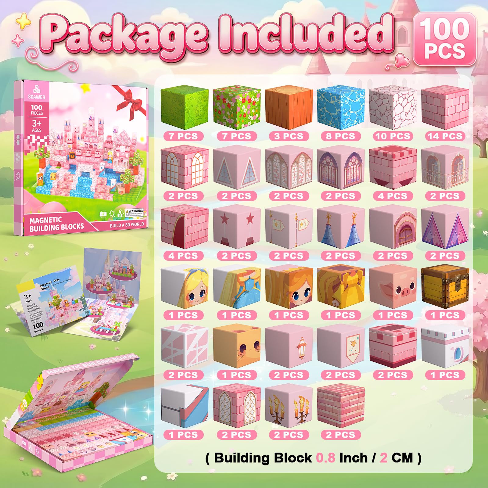 Magnetische Bausteine Bauspielzeug 100 Pcs Magnetbausteine für Kinder Montessori Kreative Spielzeug ab 3 4 5 6 7 8 9 10 Jahre Junge und Mädchen Magnetic Blocks Geschenke für Kinder （Wald）