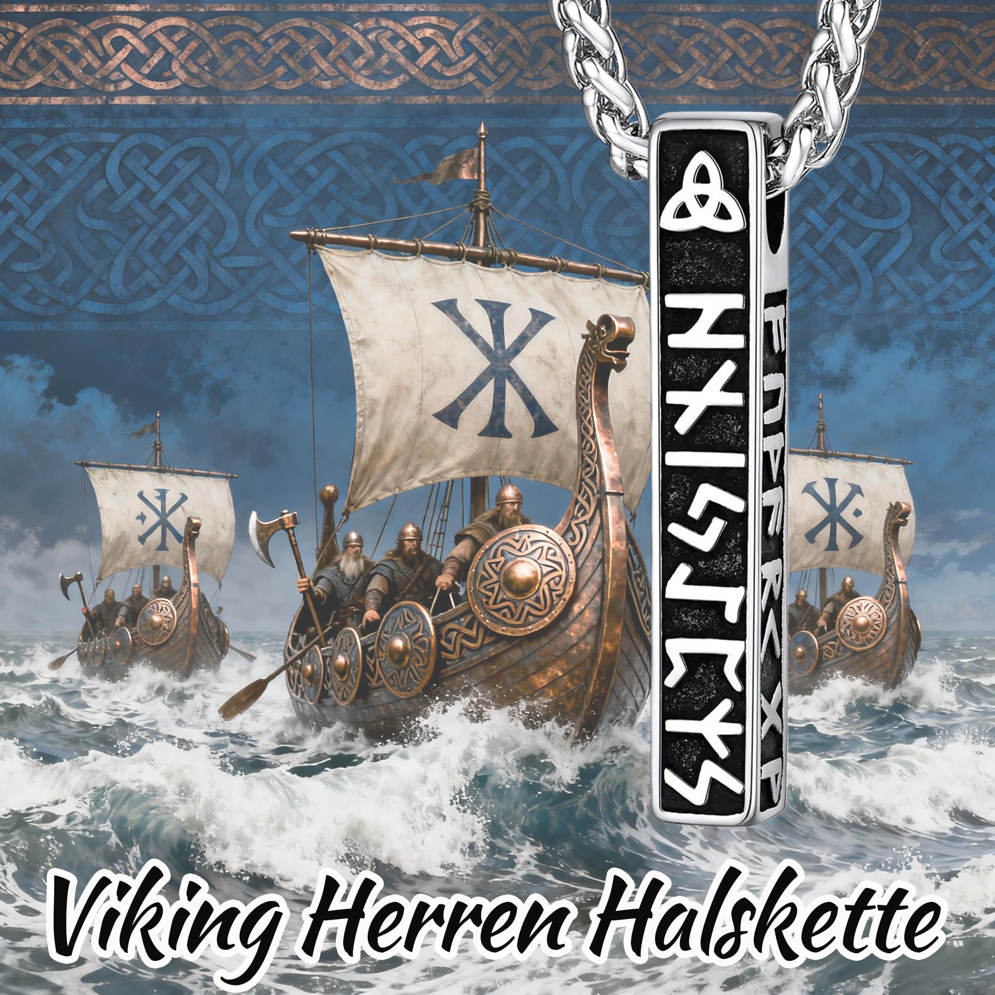 Wikinger Runen Halskette Herren - 60CM Edelstahl Herren Kette, Viking Keltischer knoten Männer Halskette, Schmuck Geschenke für Ehemann Papa Sohn Bruder Freund Weihnachten Geburtstag