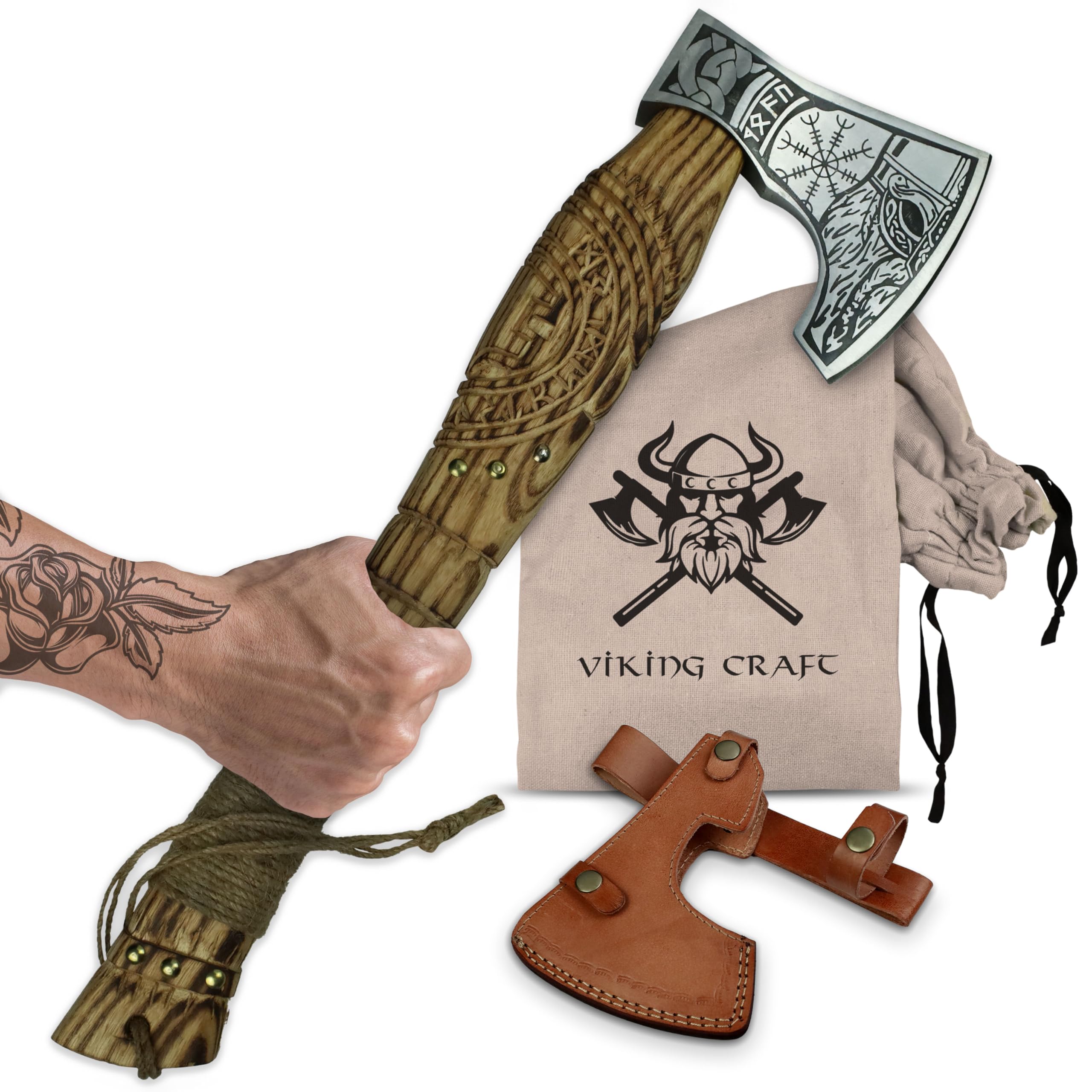 VIKING CRAFT® Wikinger Axt 50cm - Handgefertigte Deko Mit Gravur und Lederschutz - Ideale Mittelalter Deko, Geschenke für Männer und Frauen, Vikings Fanartikel, LARP Beil