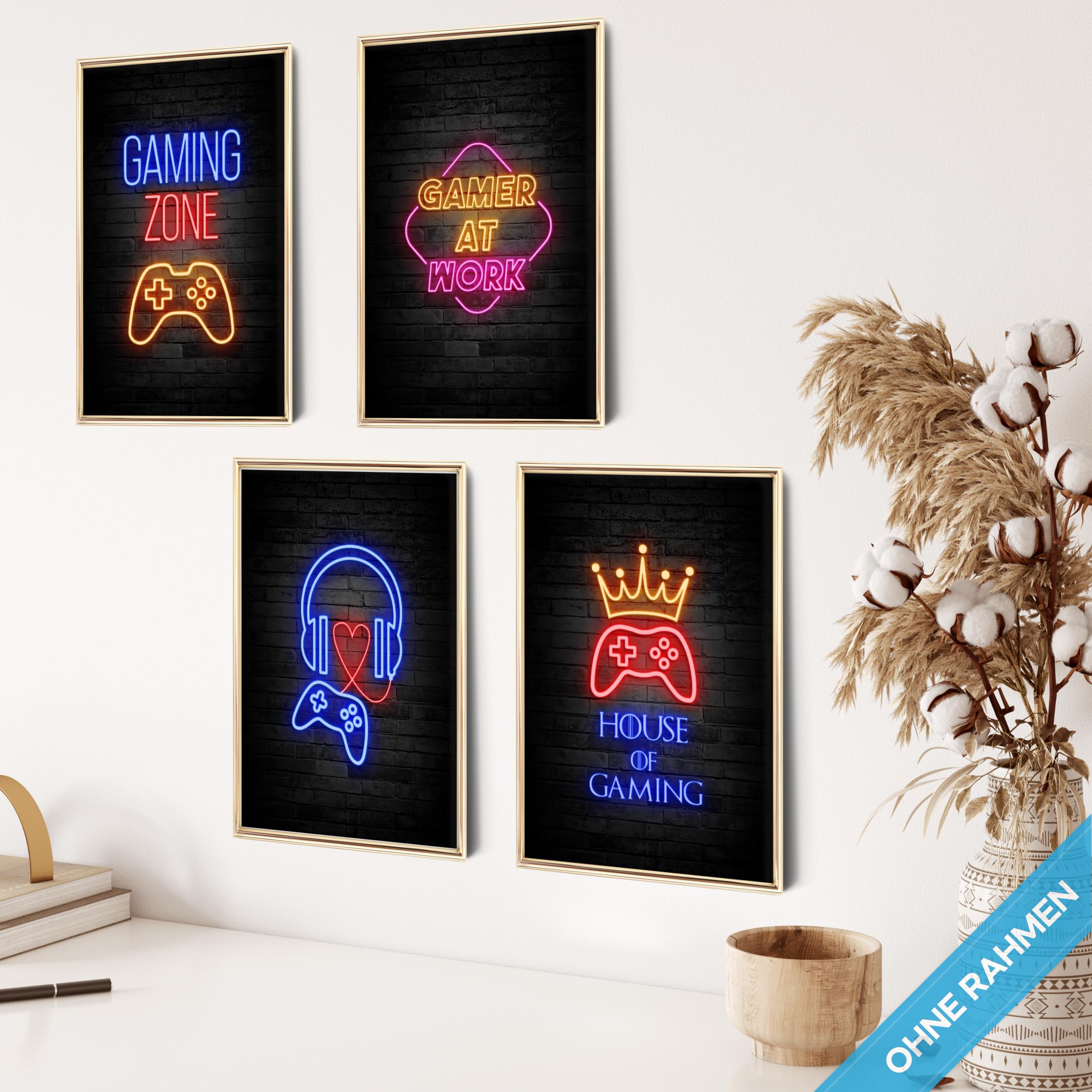 mojoliving Gaming Zimmer Deko Bilder | Poster Wand für Gamer Jugendzimmer | Set mit Neon Sign Motive | Coole Geschenke für Gamer | Zocker Bilder Wand | Neon Wandbild