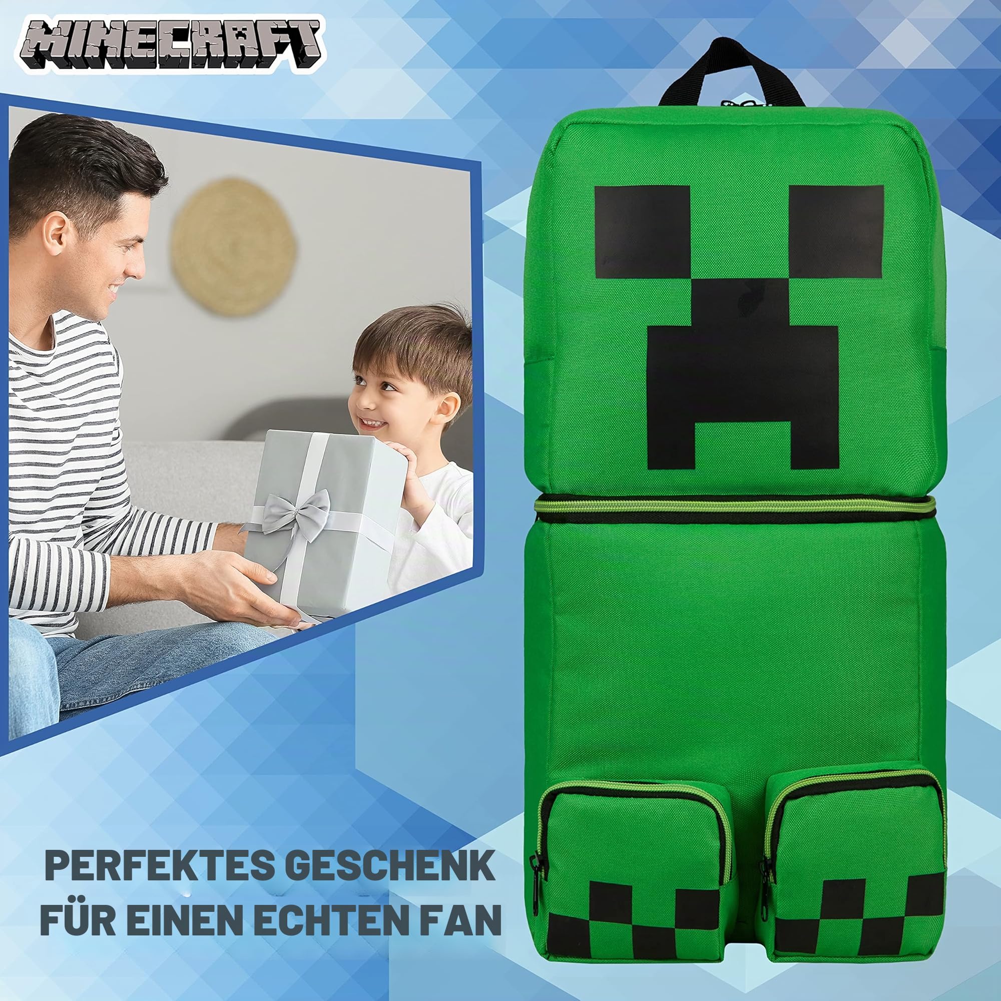 Minecraft Rucksack Kinder Jungen Kinderrucksack Creeper Freizeitrucksack mit Reißverschluss-Fächern für Schulrucksack Schule Sport Alltag