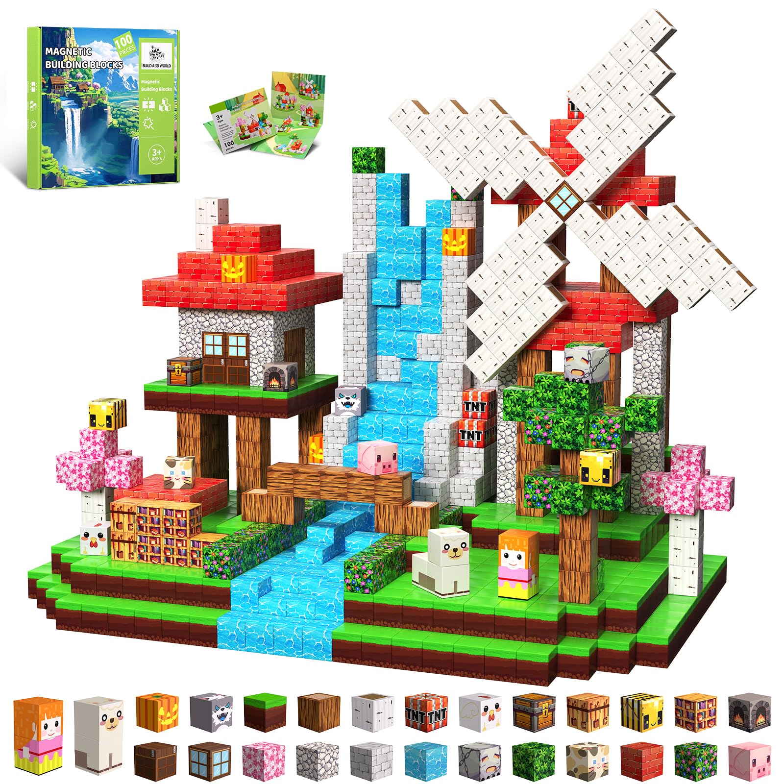 Magnetische Bausteine Bauspielzeug 100 Pcs Magnetbausteine für Kinder Montessori Kreative Spielzeug ab 3 4 5 6 7 8 9 10 Jahre Junge und Mädchen Magnetic Blocks Geschenke für Kinder （Wald）
