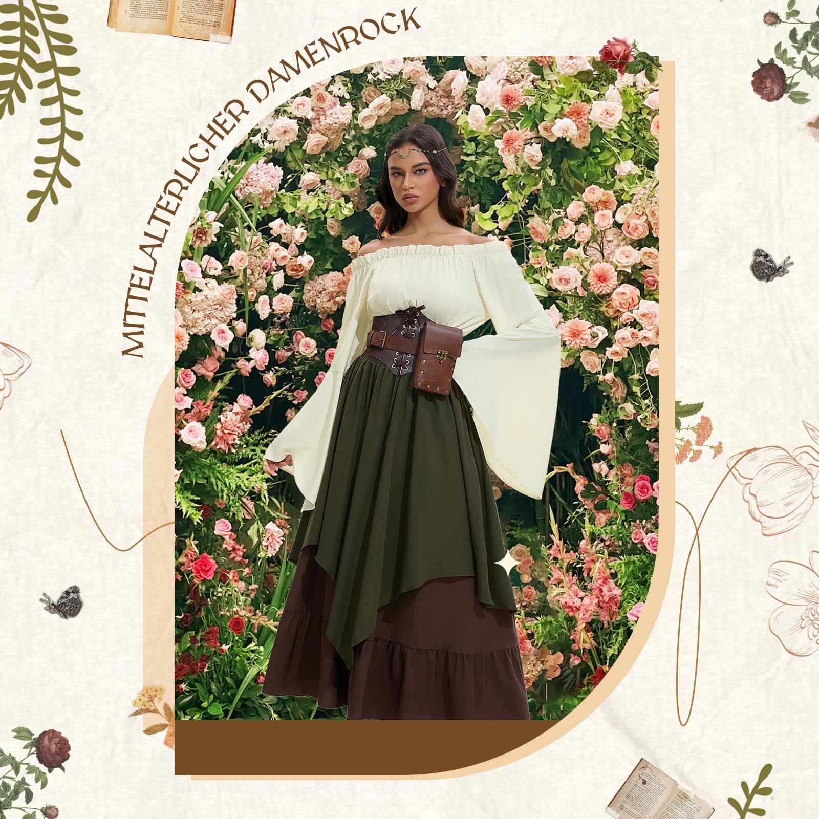 Mittelalter Kleidung Damen, Renaissance Kleid Damen und Off Shoulder Bluse mit Corsett, Gürteltasche, Kopfschmuck, Gürtel, Viktorianisches Kostüm für Halloween Karneval