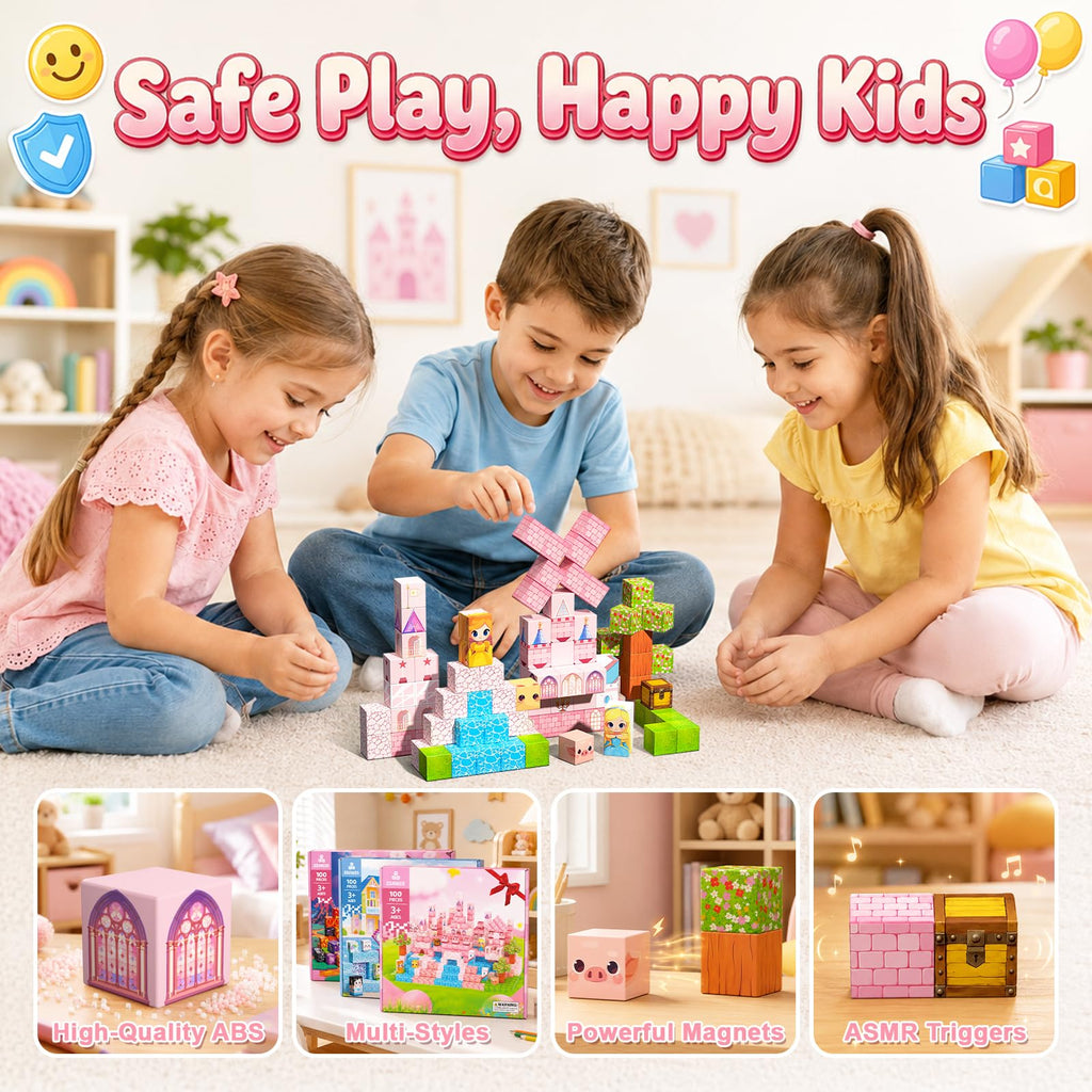Magnetische Bausteine Bauspielzeug 100 Pcs Magnetbausteine für Kinder Montessori Kreative Spielzeug ab 3 4 5 6 7 8 9 10 Jahre Junge und Mädchen Magnetic Blocks Geschenke für Kinder （Wald）