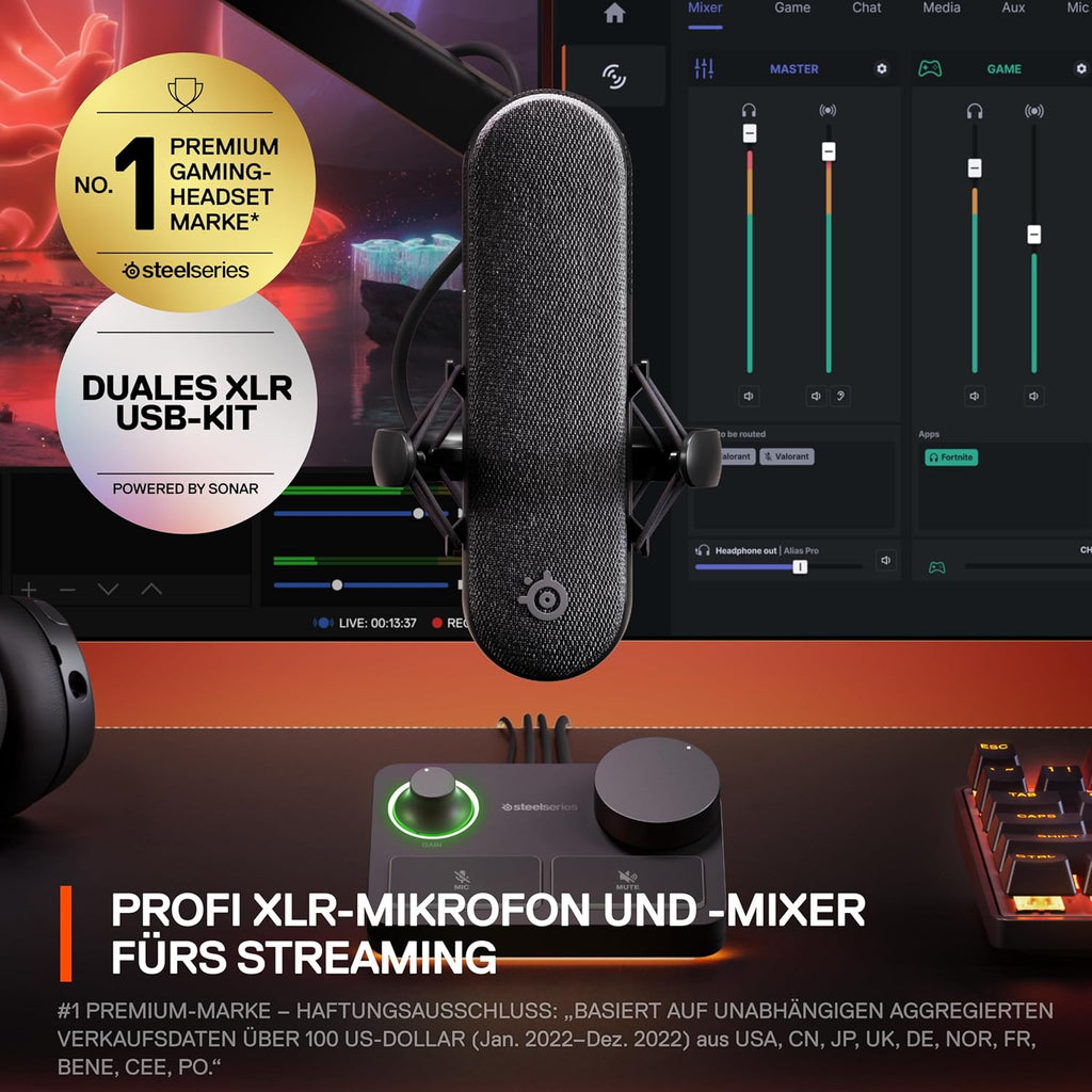 SteelSeries Alias Pro Kit – XLR-Mikrofon + Stream-Mixer – 3 Mal größere Kapsel fürs Gaming, Streaming und Podcasting – USB/XLR-Schnittstelle – Benutzerdefinierte Steuerung – RGB – Einzel- oder Dual-PC