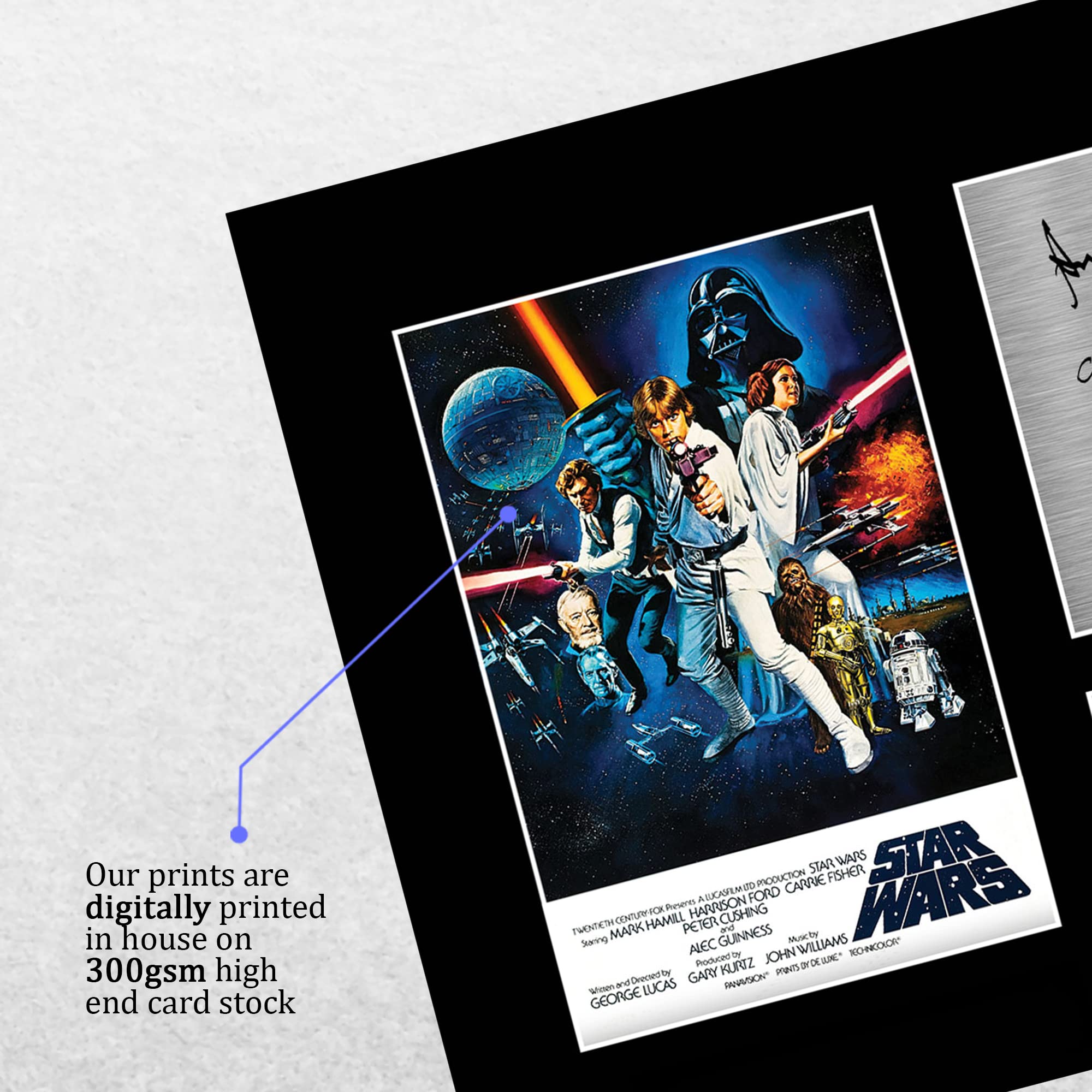 HWC Trading FR A4 Star Wars New Hope Cast Mark Hamill, Carrie Fisher, Harrison Ford Geschenke Geducktes Signiertes Autogramm Foto für Fans von Film Memorabilien - A4 Gerahmt