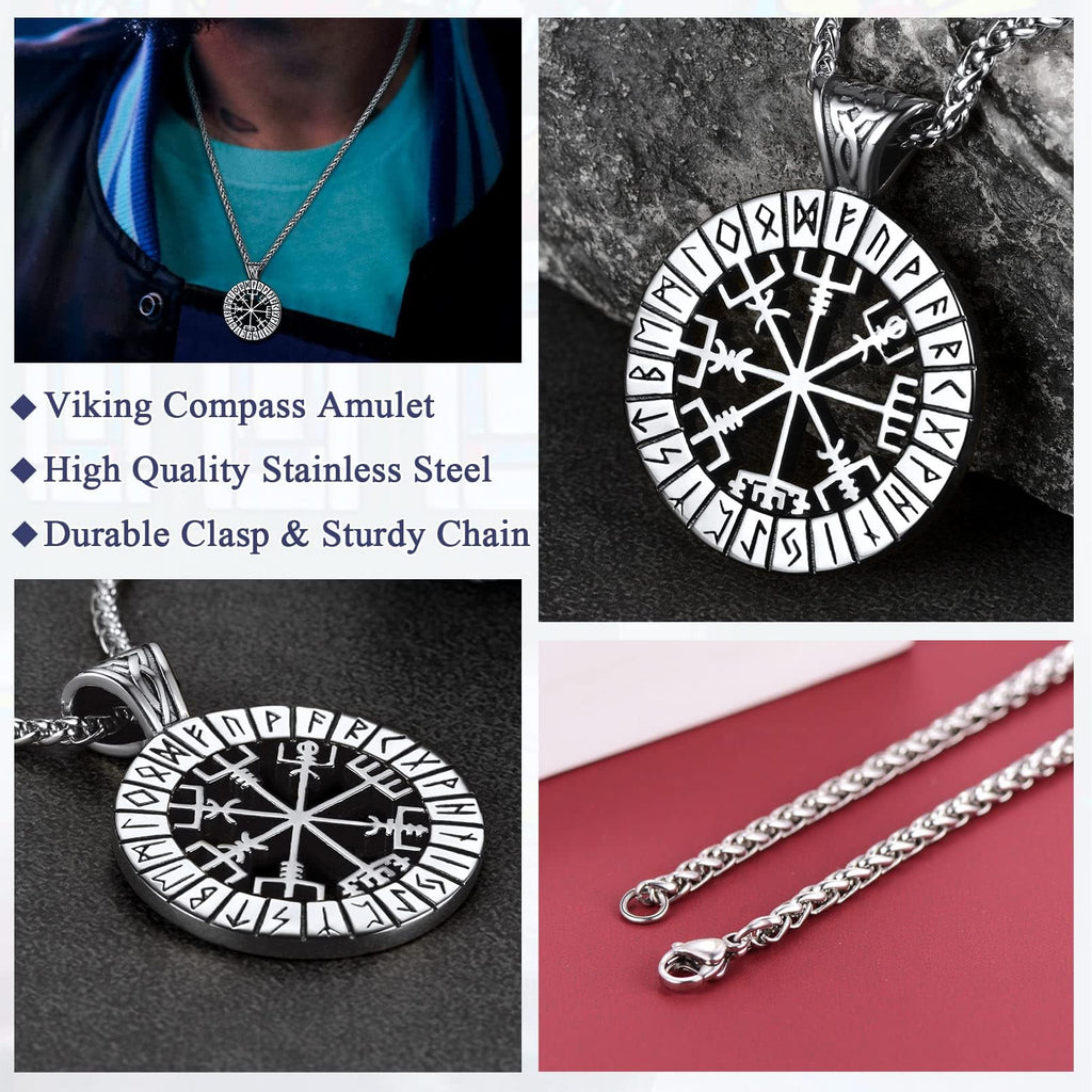 FaithHeart Wikingerhalskette für Herren, Vegvisir-Kompass, Edelstahl, Kette 55 + 5 cm, nordischer Mythologie-Schmuck