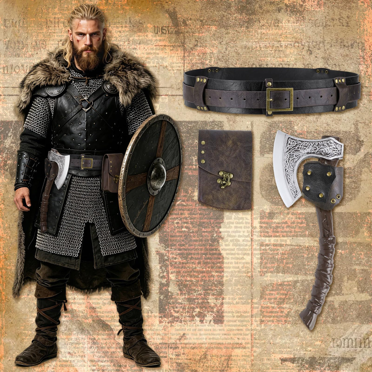 HiiFeuer 4Pcs Piratenkostüm für Herren mit Renaissance-Gürtel, mittelalterlicher Tasche, Attrappen-Dolch und Schwertscheide für Mittelalterfest und LARP