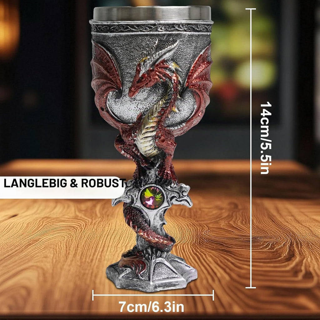 ZONSUSE Mittelalter Drache Kelch, Gotischer Drachen Kelch, Flugsaurier Edelstahl Weinkelch, Roter Drache auf Kreuzsockel, Magischer Dragon Goblet,Idee Geschenk für Fantasy Fans 200ml (Rot Goblet)