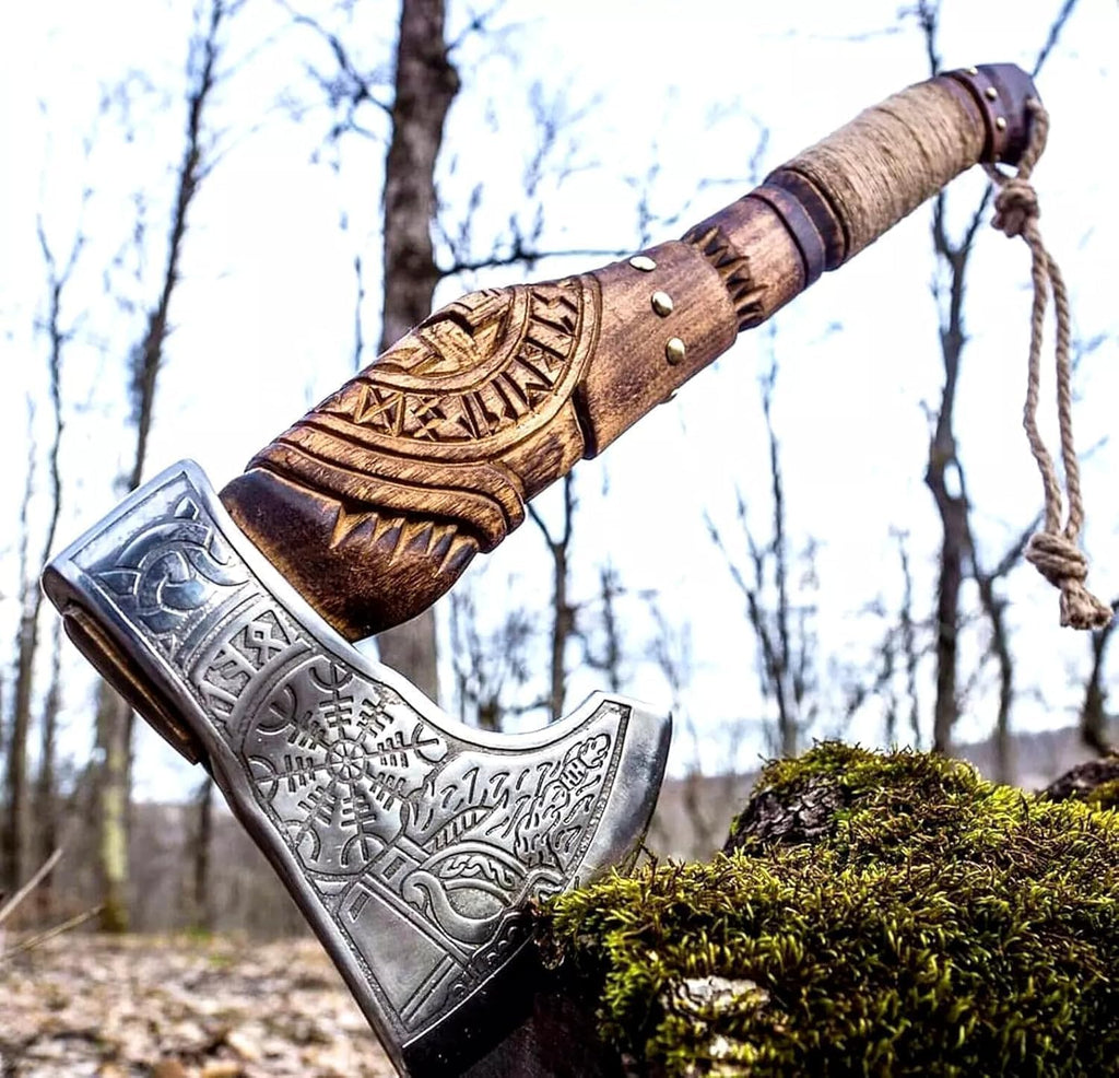 Wikinger-Axt aus kohlenstoffreichem Stahl – Handgeschmiedete Jagdaxt mit Eschenholzgriff, Wikinger-Bartaxt für Outdoor und Camping, Spaltaxt, echtes Geschenk für Weihnachten oder Geburtstag,