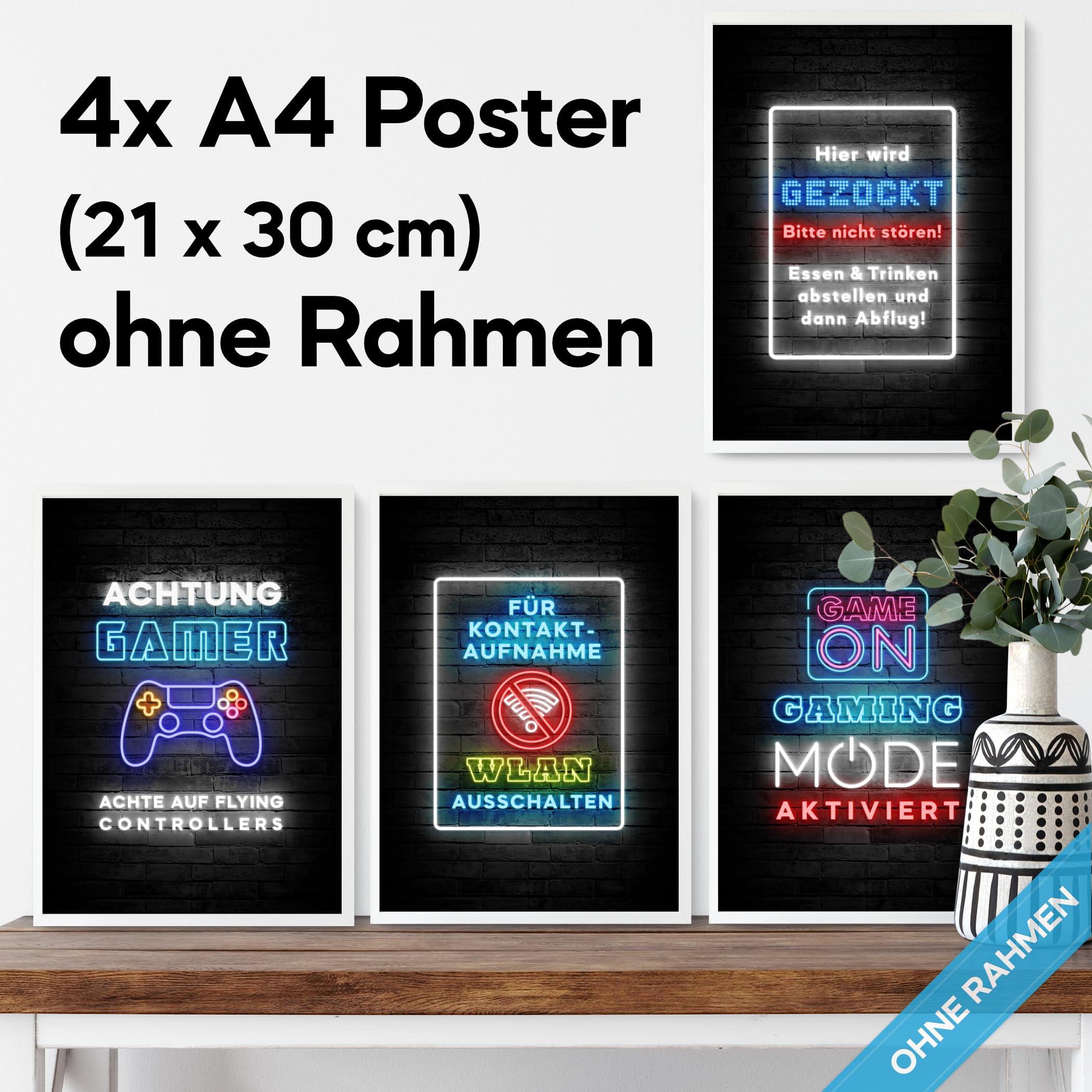 mojoliving Gaming Zimmer Deko Bilder | Poster Wand für Gamer Jugendzimmer | Set mit Neon Sign Motive | Coole Geschenke für Gamer | Zocker Bilder Wand | Neon Wandbild
