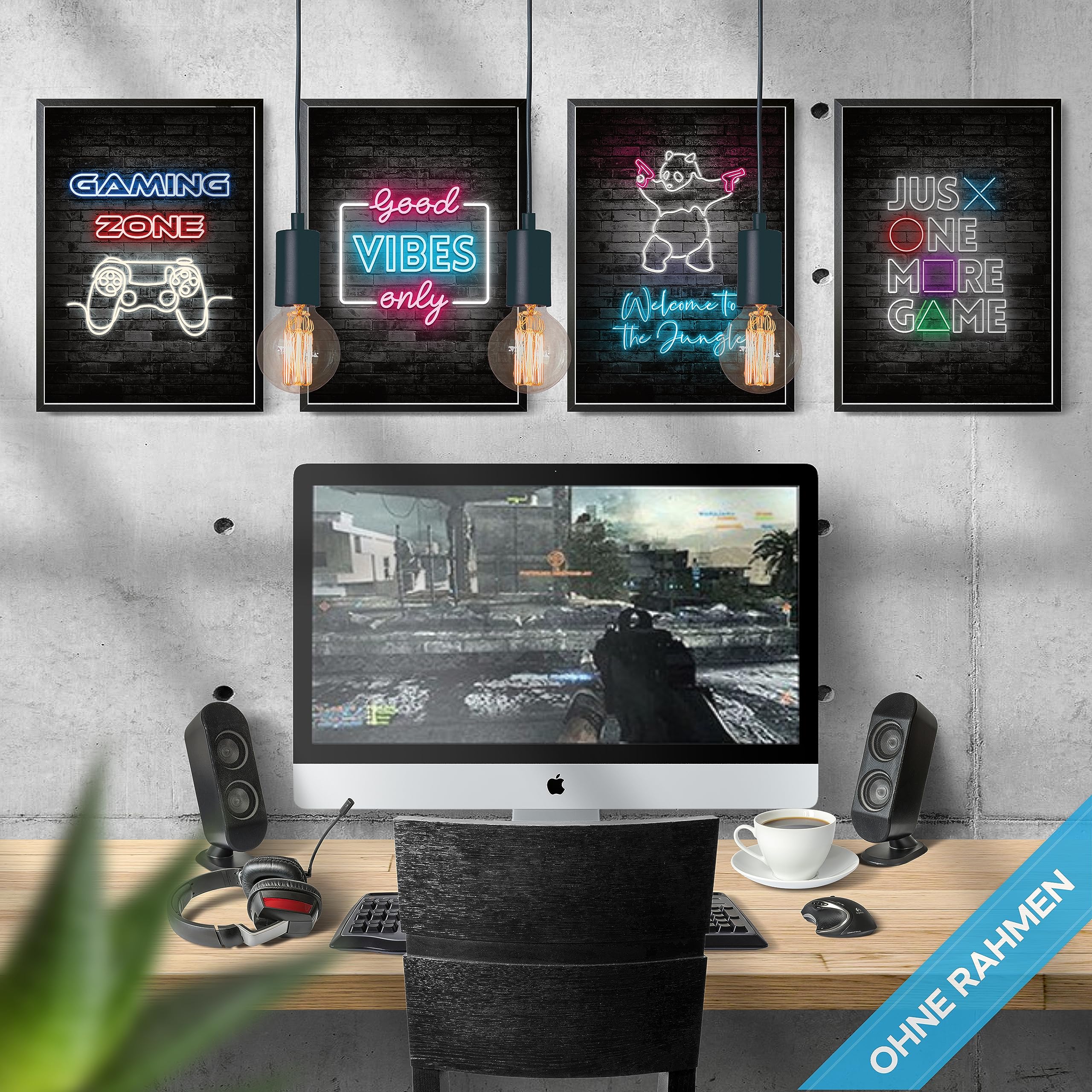 mojoliving Gaming Zimmer Deko Bilder | Poster Wand für Gamer Jugendzimmer | Set mit Neon Sign Motive | Coole Geschenke für Gamer | Zocker Bilder Wand | Neon Wandbild