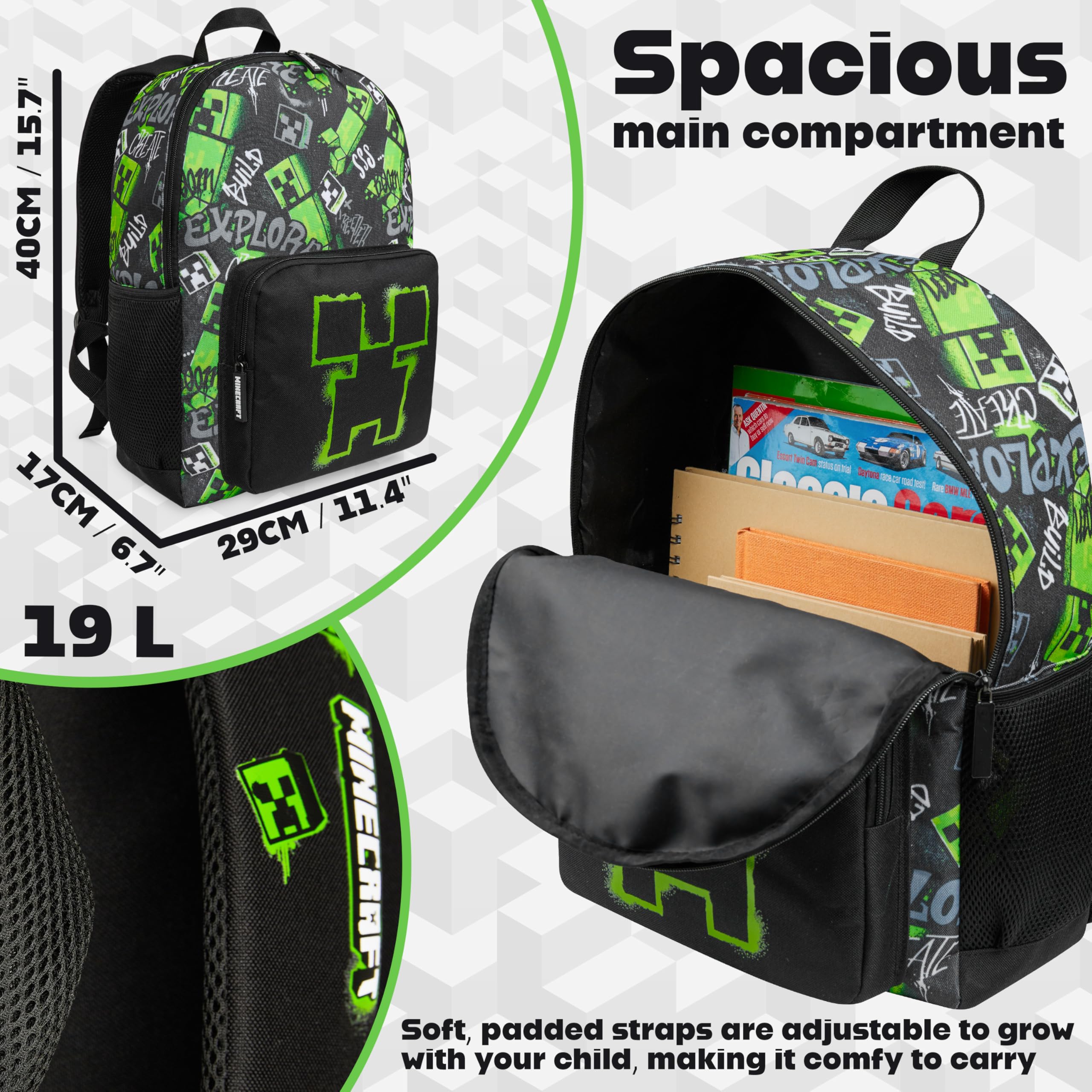 Minecraft Rucksack Kinder Jungen Kinderrucksack Creeper Freizeitrucksack mit Reißverschluss-Fächern für Schulrucksack Schule Sport Alltag