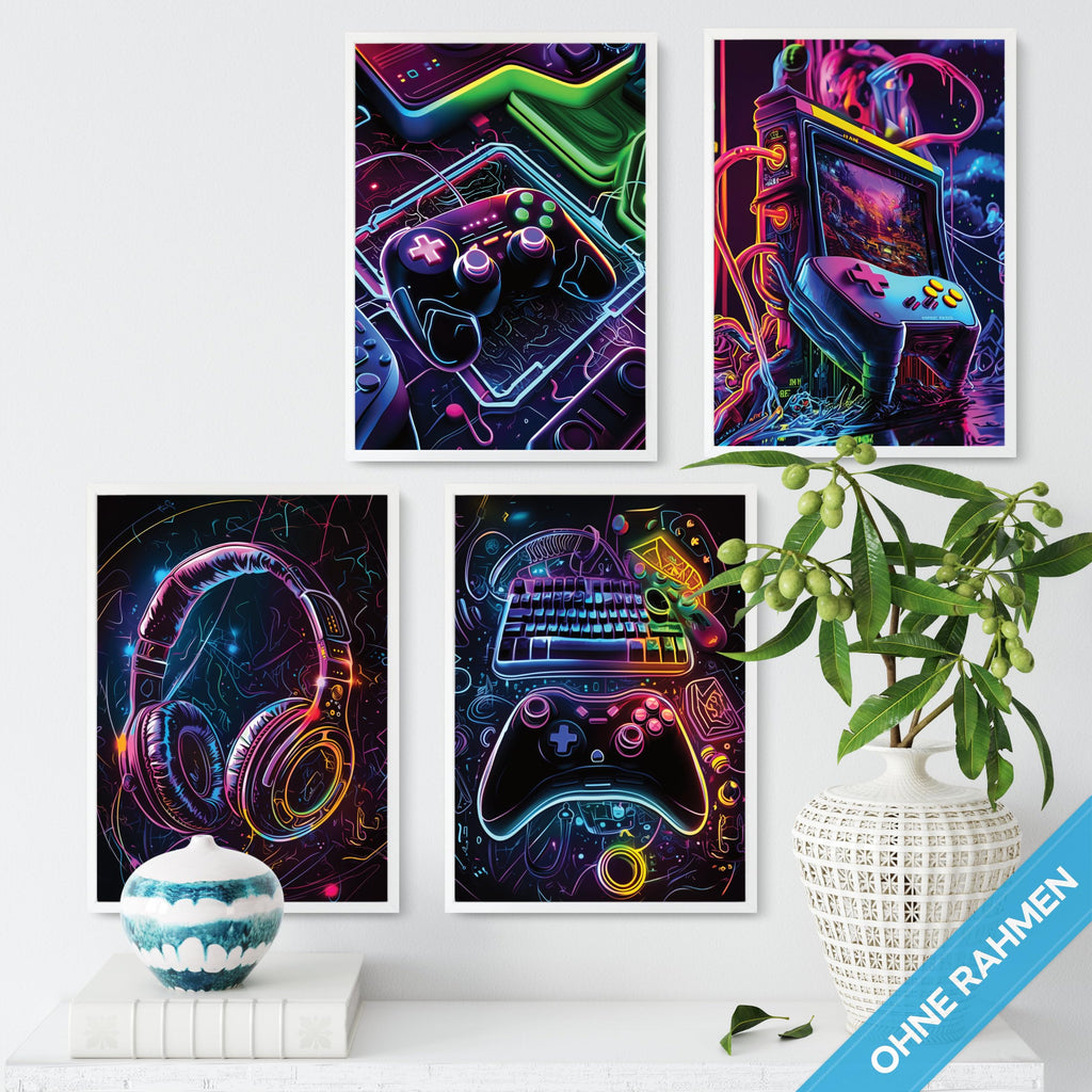 mojoliving Gaming Zimmer Deko Bilder | Poster Wand für Gamer Jugendzimmer | Set mit Neon Sign Motive | Coole Geschenke für Gamer | Zocker Bilder Wand | Neon Wandbild