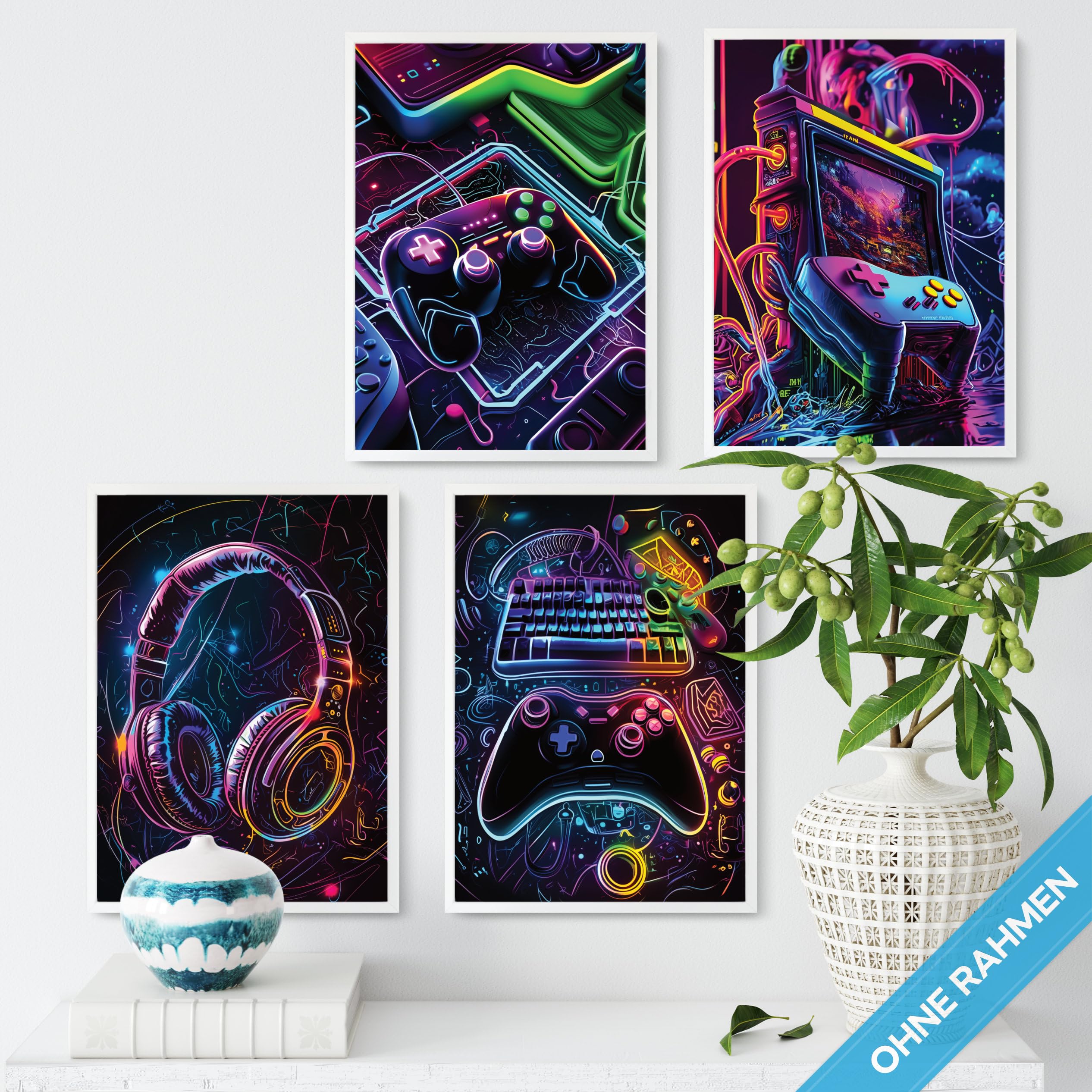 mojoliving Gaming Zimmer Deko Bilder | Poster Wand für Gamer Jugendzimmer | Set mit Neon Sign Motive | Coole Geschenke für Gamer | Zocker Bilder Wand | Neon Wandbild