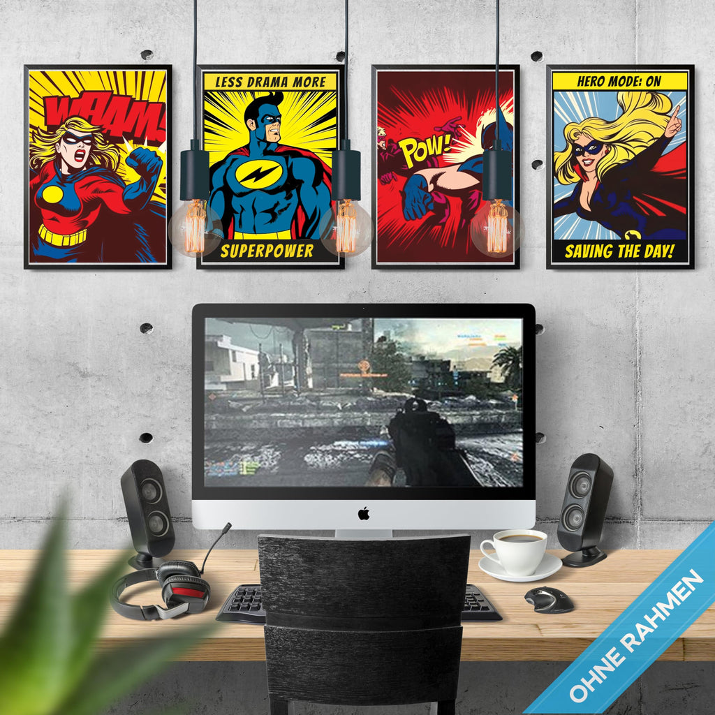 mojoliving Gaming Zimmer Deko Bilder | Poster Wand für Gamer Jugendzimmer | Set mit Neon Sign Motive | Coole Geschenke für Gamer | Zocker Bilder Wand | Neon Wandbild