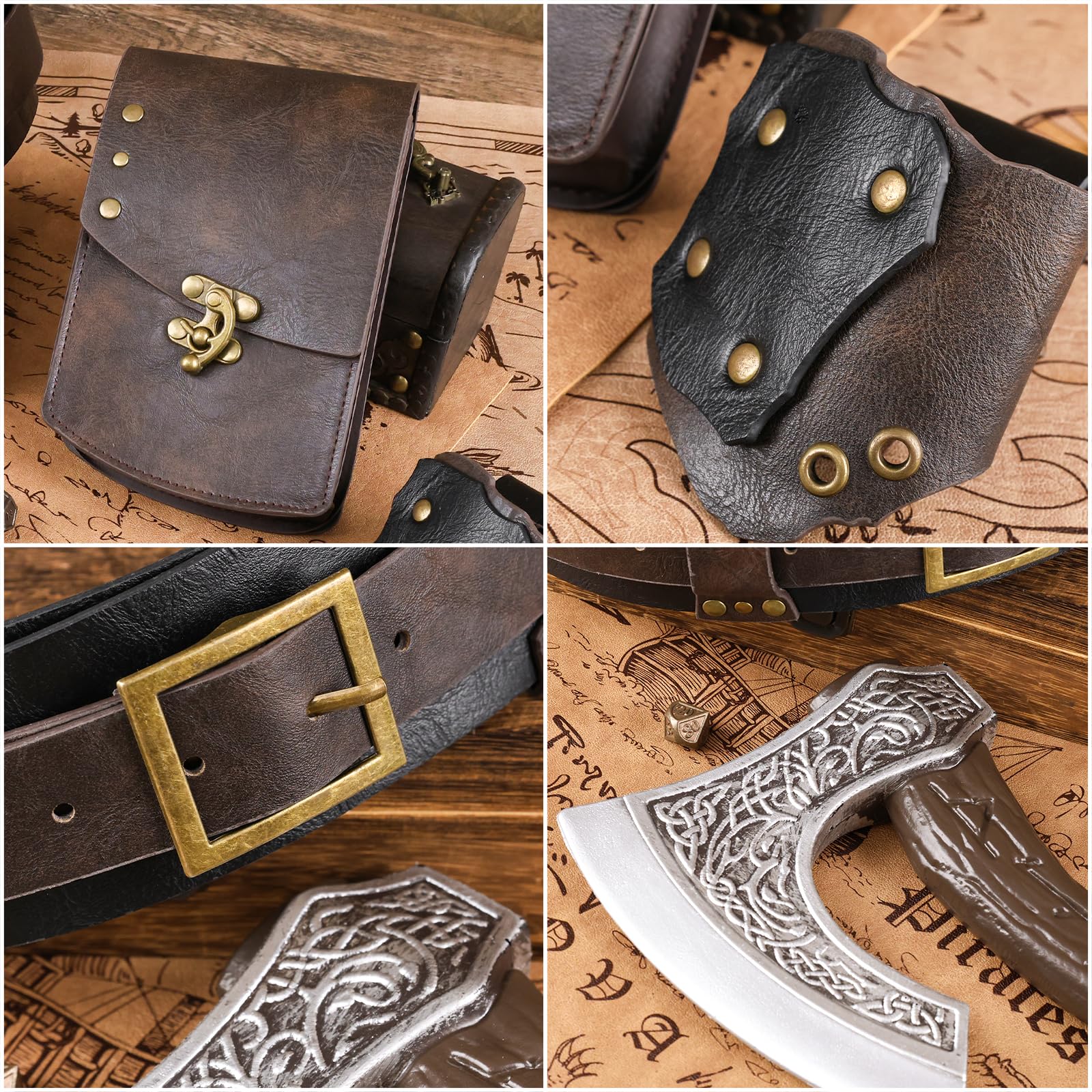 HiiFeuer 4Pcs Piratenkostüm für Herren mit Renaissance-Gürtel, mittelalterlicher Tasche, Attrappen-Dolch und Schwertscheide für Mittelalterfest und LARP