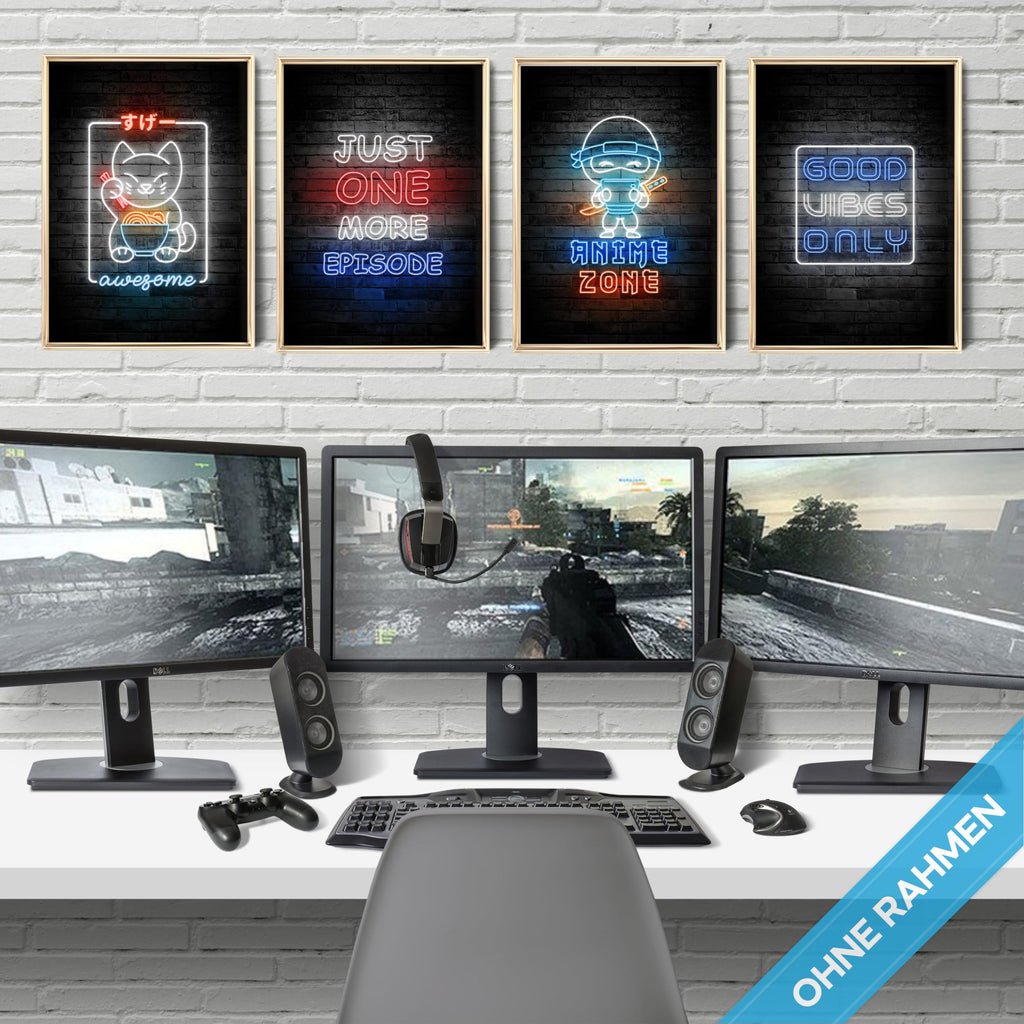mojoliving Gaming Zimmer Deko Bilder | Poster Wand für Gamer Jugendzimmer | Set mit Neon Sign Motive | Coole Geschenke für Gamer | Zocker Bilder Wand | Neon Wandbild